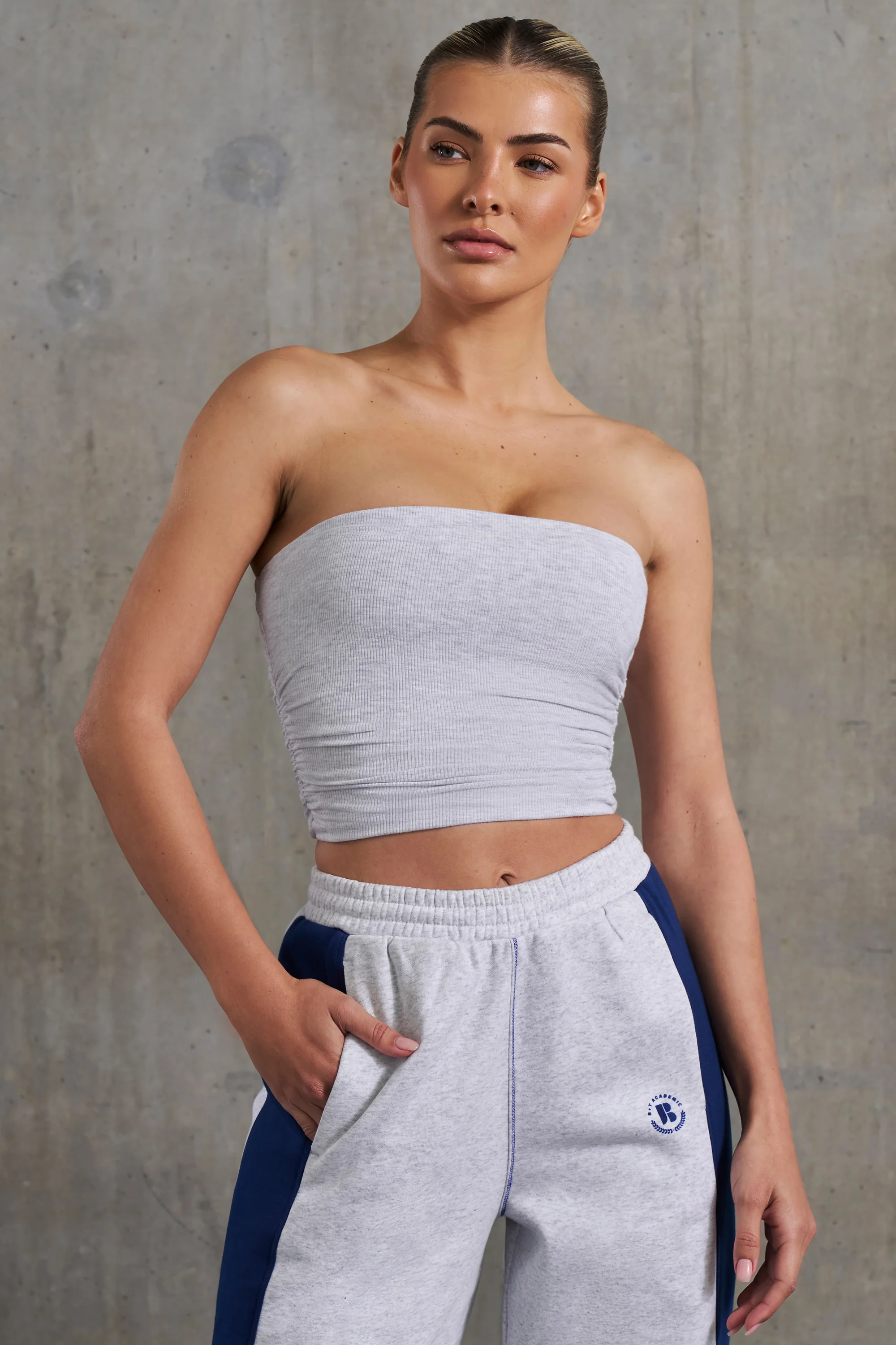 Soft Rib Ruched Bandeau Top in Heather Grey - Image 5