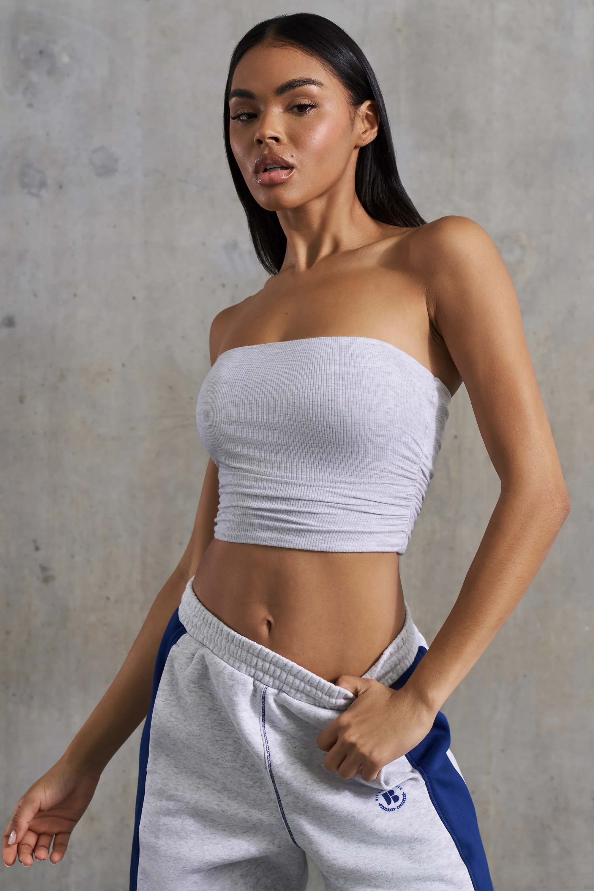 Soft Rib Ruched Bandeau Top in Heather Grey - Image 9