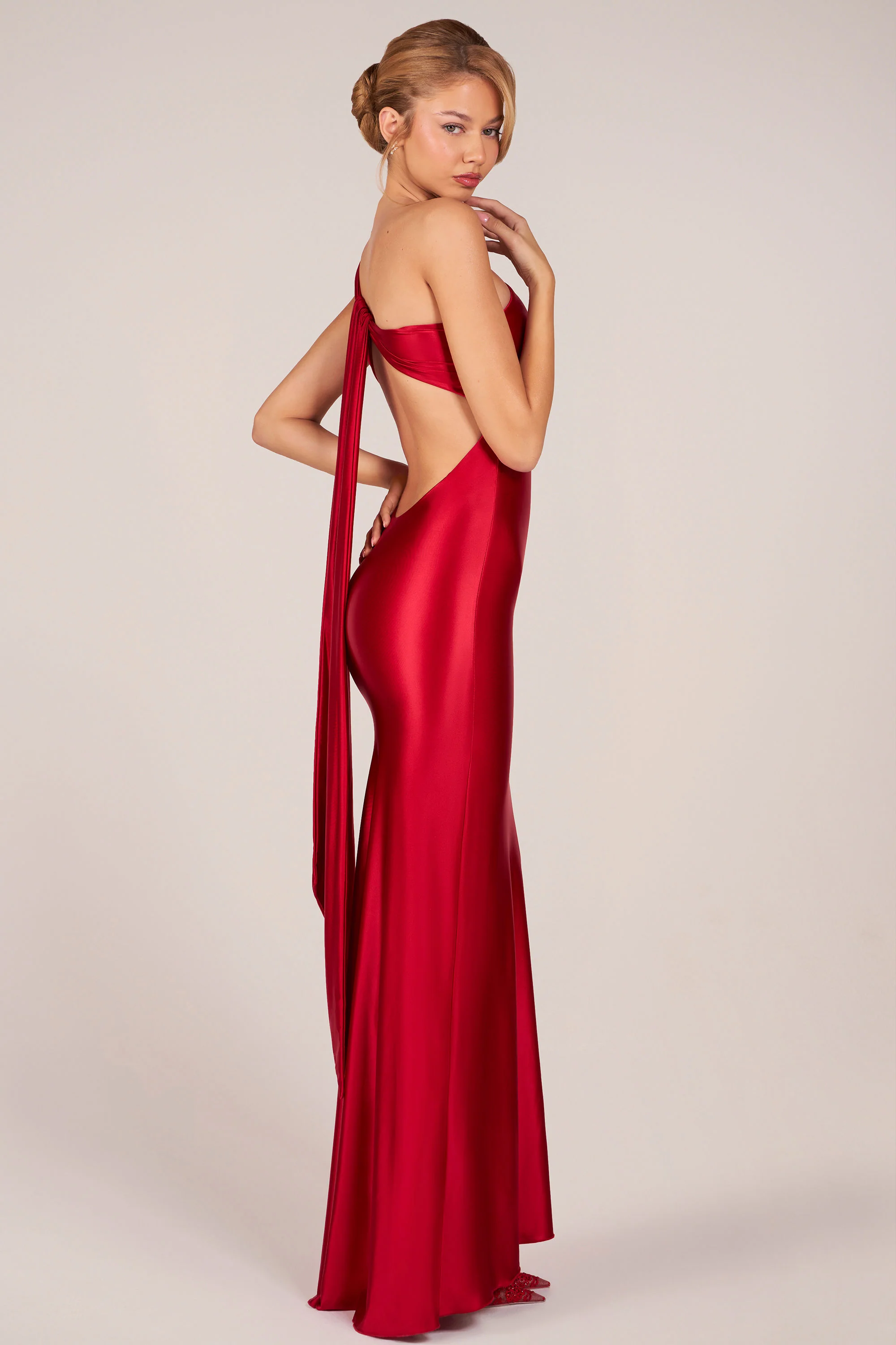 Asymmetric Tie-Back Gown in Rose Red - Image 4