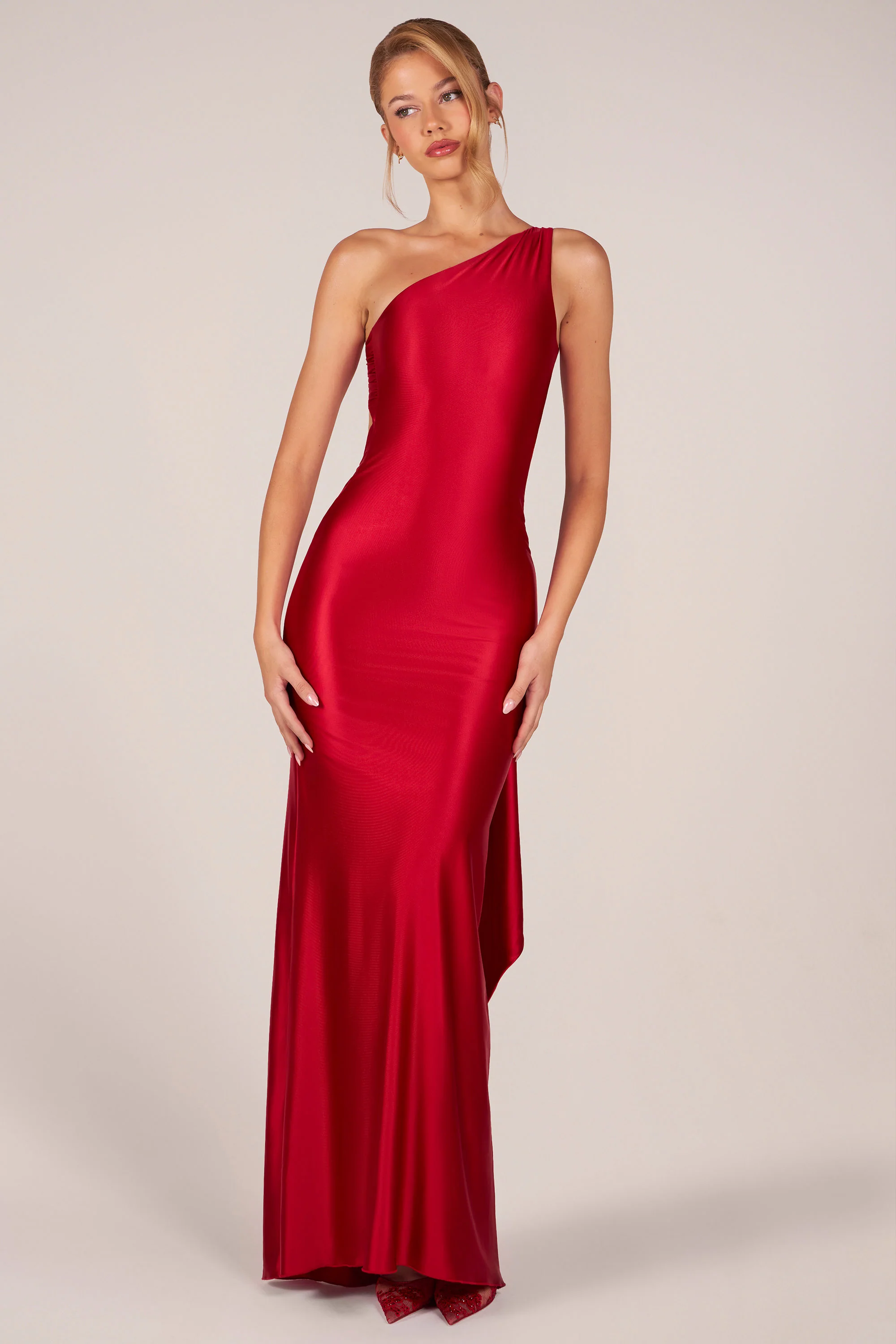 Asymmetric Tie-Back Gown in Rose Red - Image 6