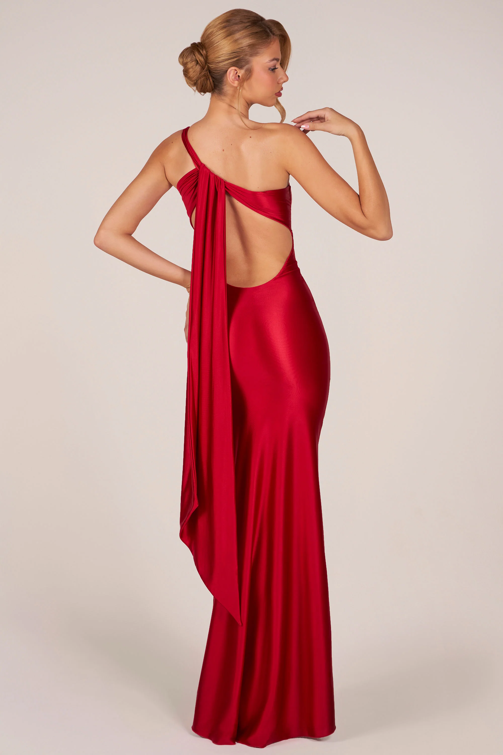 Asymmetric Tie-Back Gown in Rose Red - Image 7