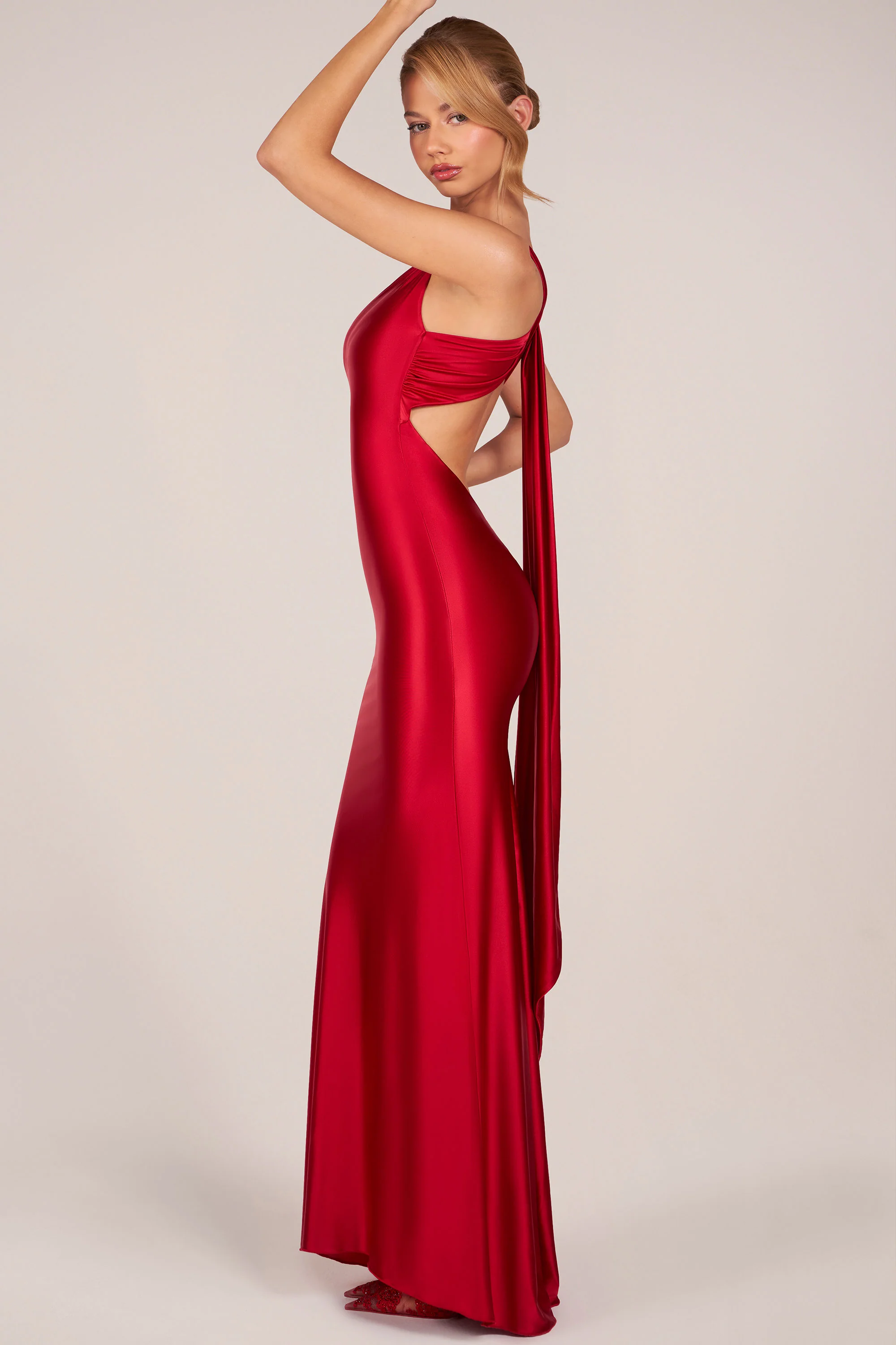 Asymmetric Tie-Back Gown in Rose Red - Image 8