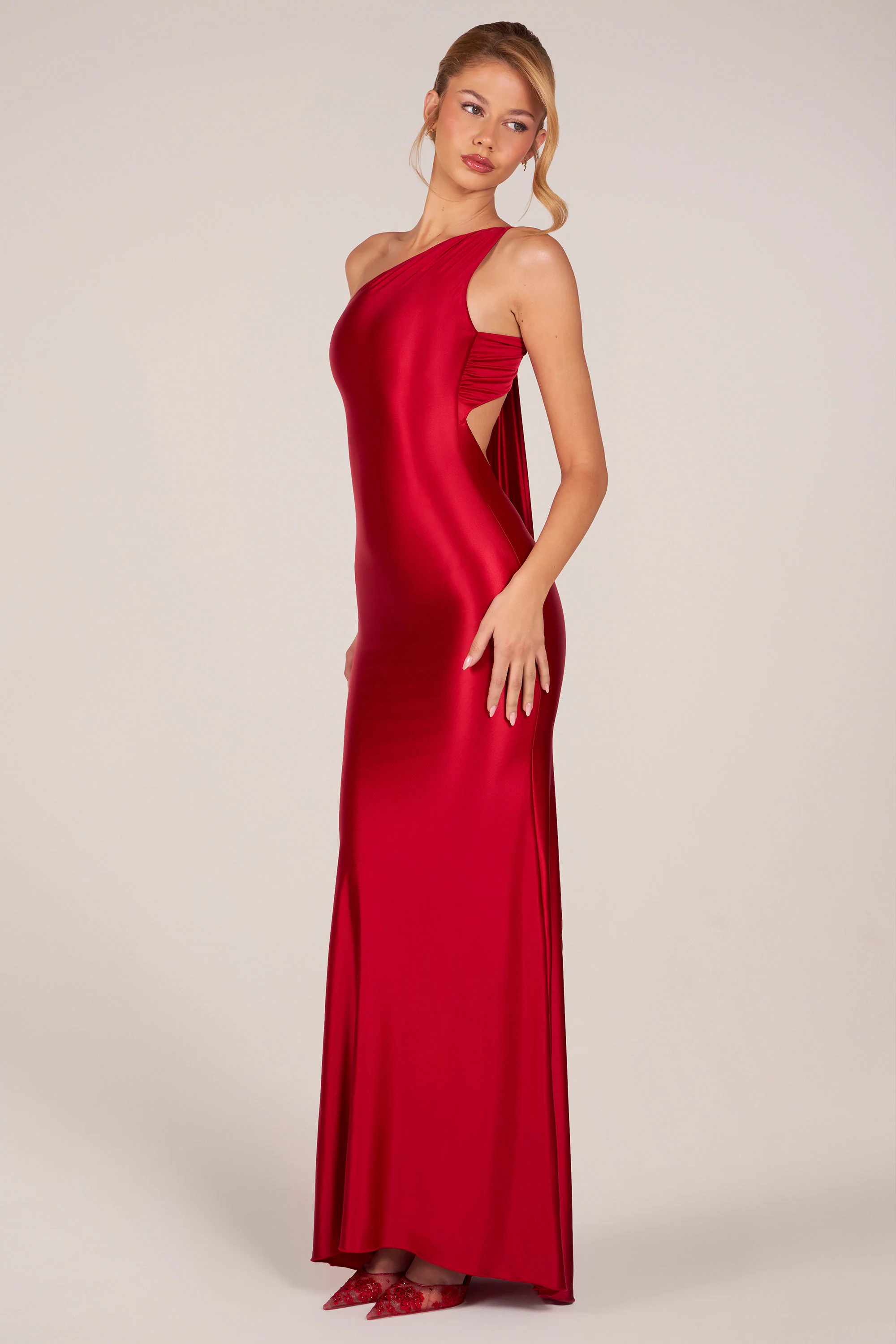 Asymmetric Tie-Back Gown in Rose Red - Image 9