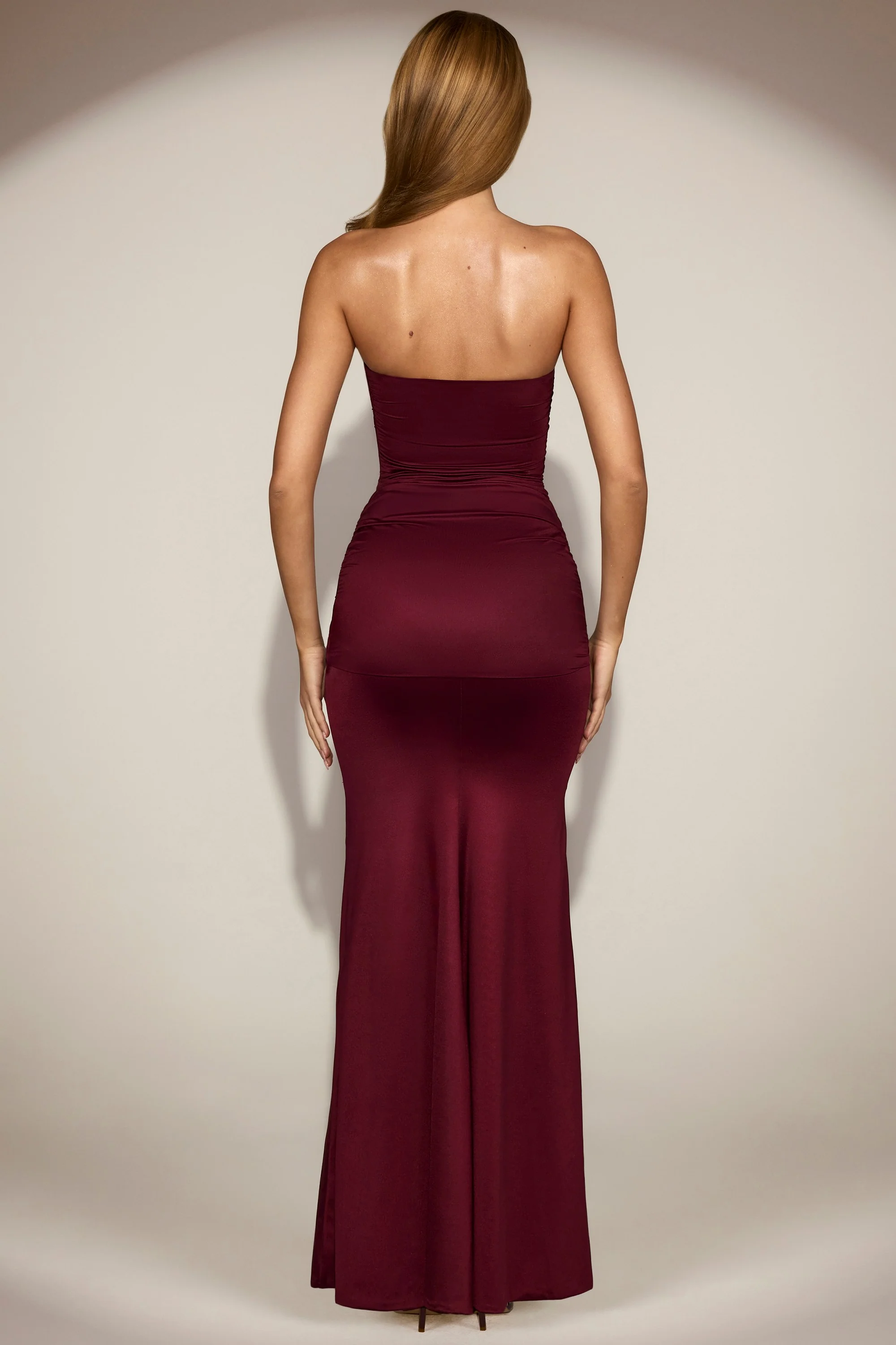 Satin Peekaboo Bandeau Draped Gown in Wine Red - Image 3