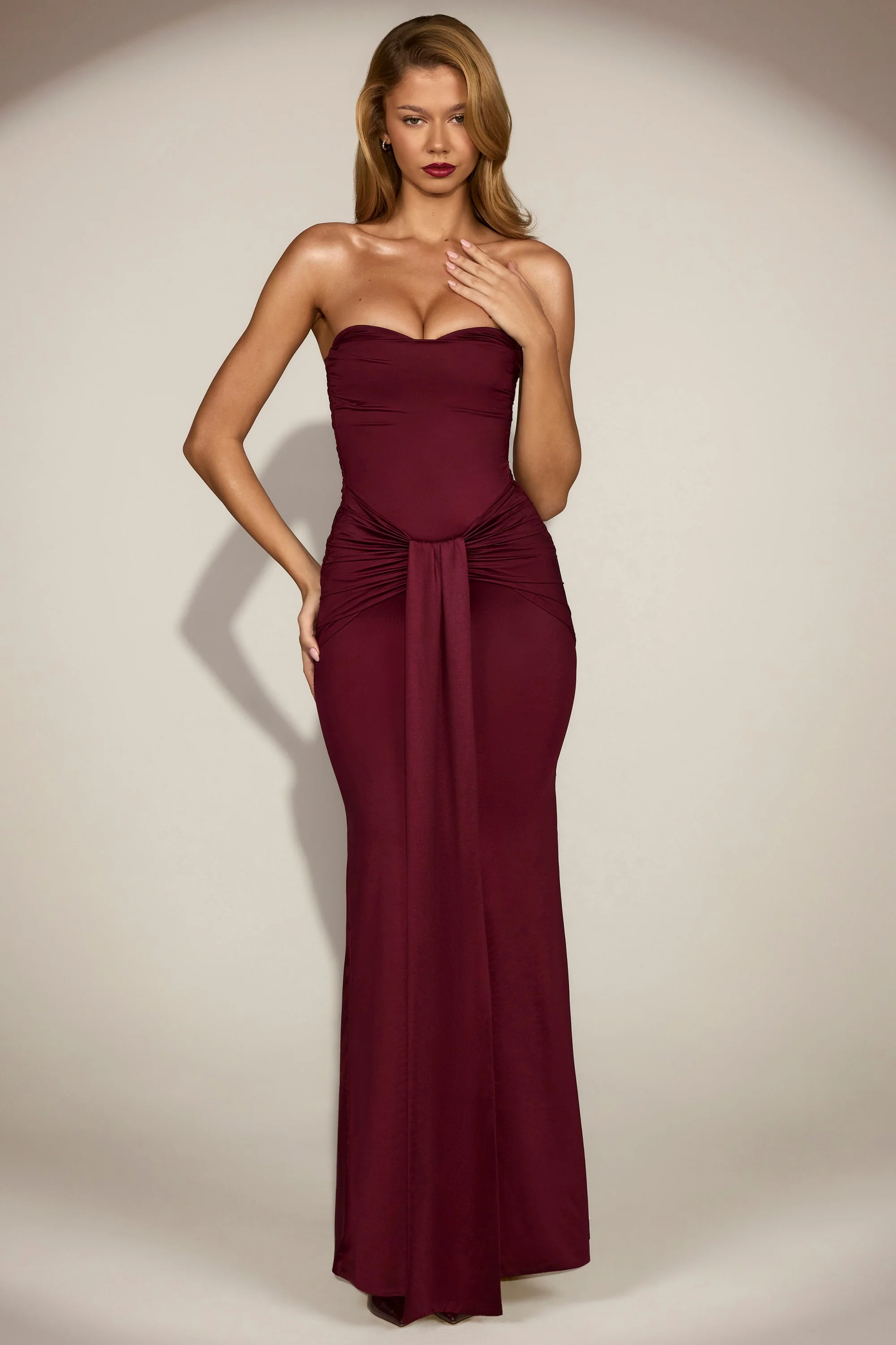 Satin Peekaboo Bandeau Draped Gown in Wine Red - Image 8