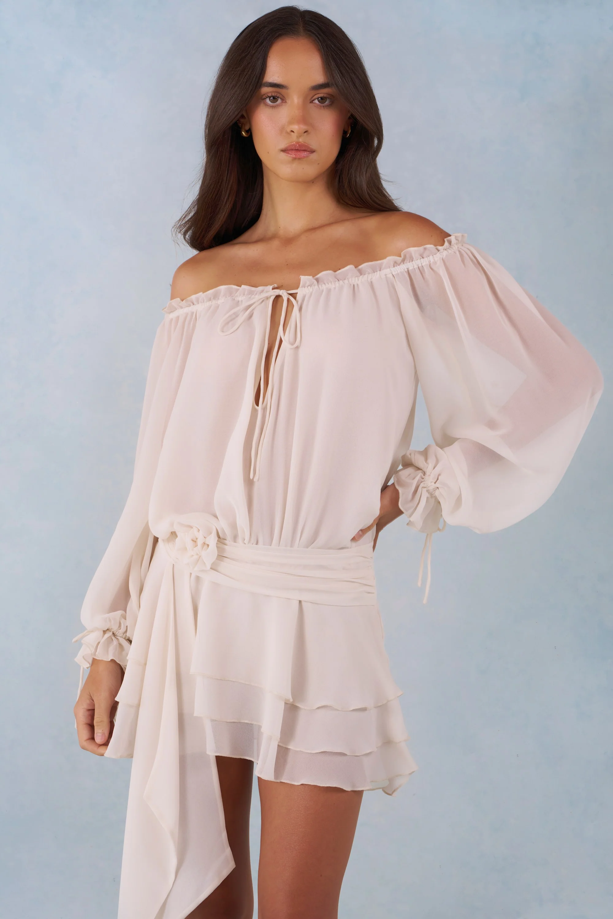 Off-Shoulder Balloon-Sleeve Mini Dress in Ivory - Image 5