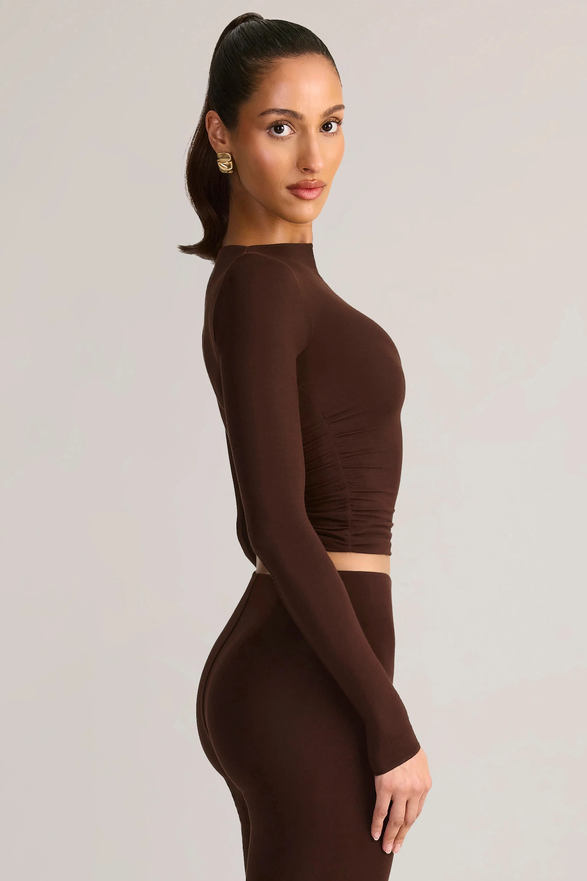 Modal Ruched Long-Sleeve Top in Chocolate Brown - Image 3