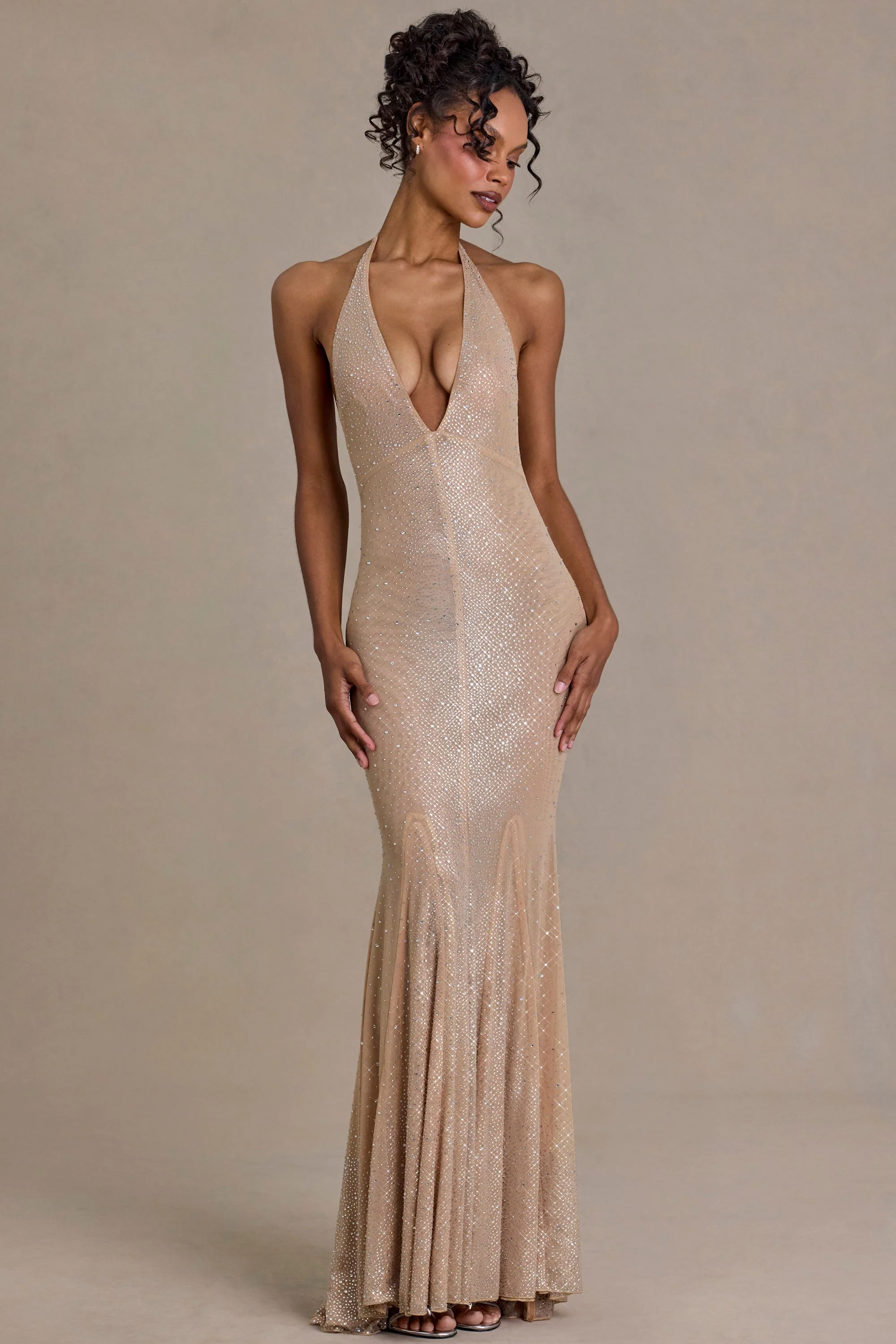 Embellished Plunge-Neck Open-Back Gown in Beige Gold - Image 5