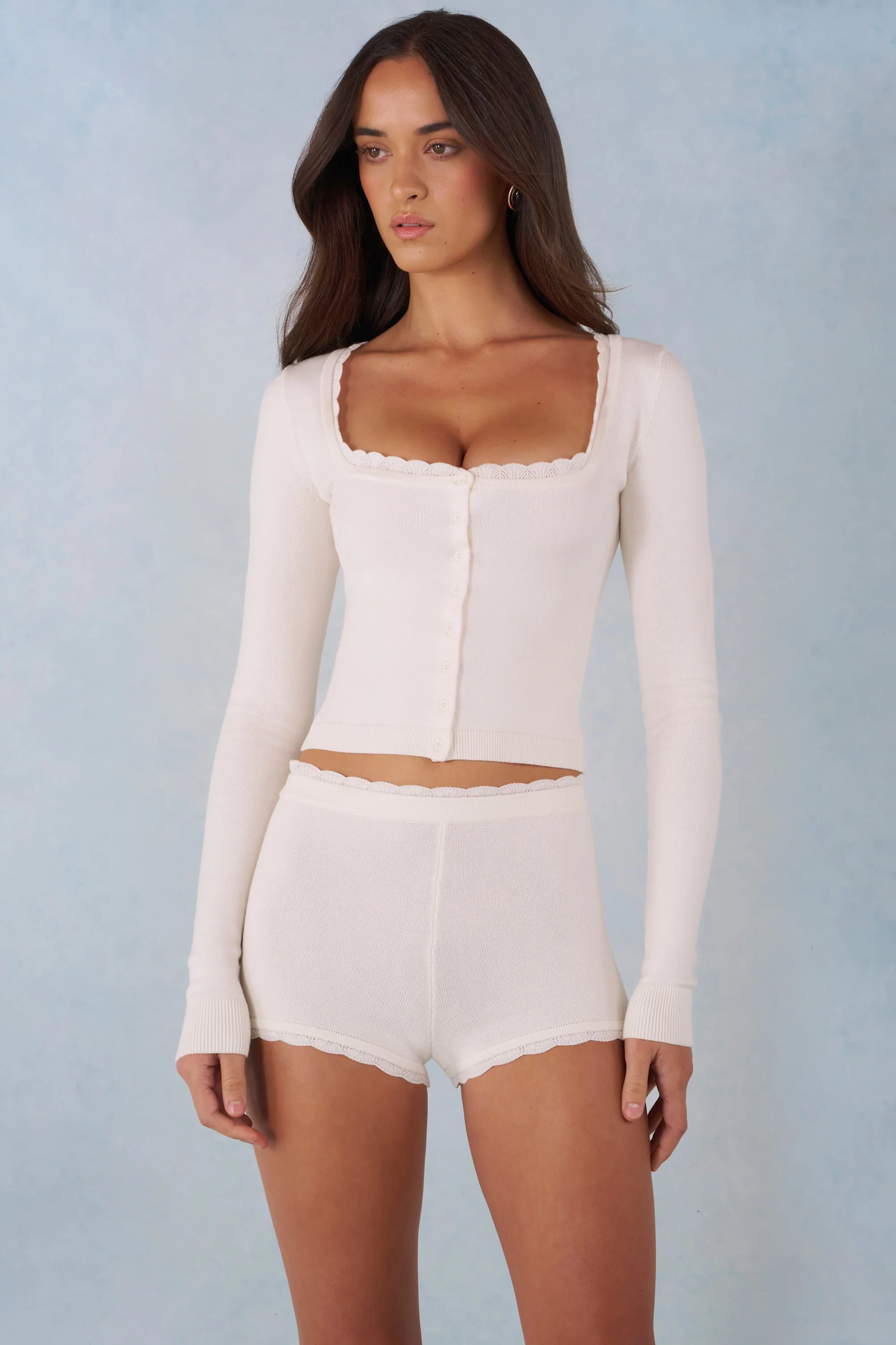 Knit Mid-Rise Mini Shorts in Ivory - Image 7