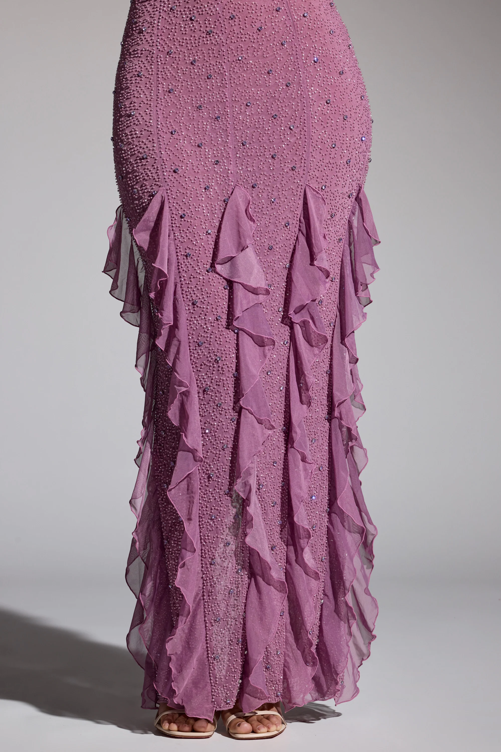 Embellished Halter Neck Ruffle Maxi Dress in Grape - Image 5