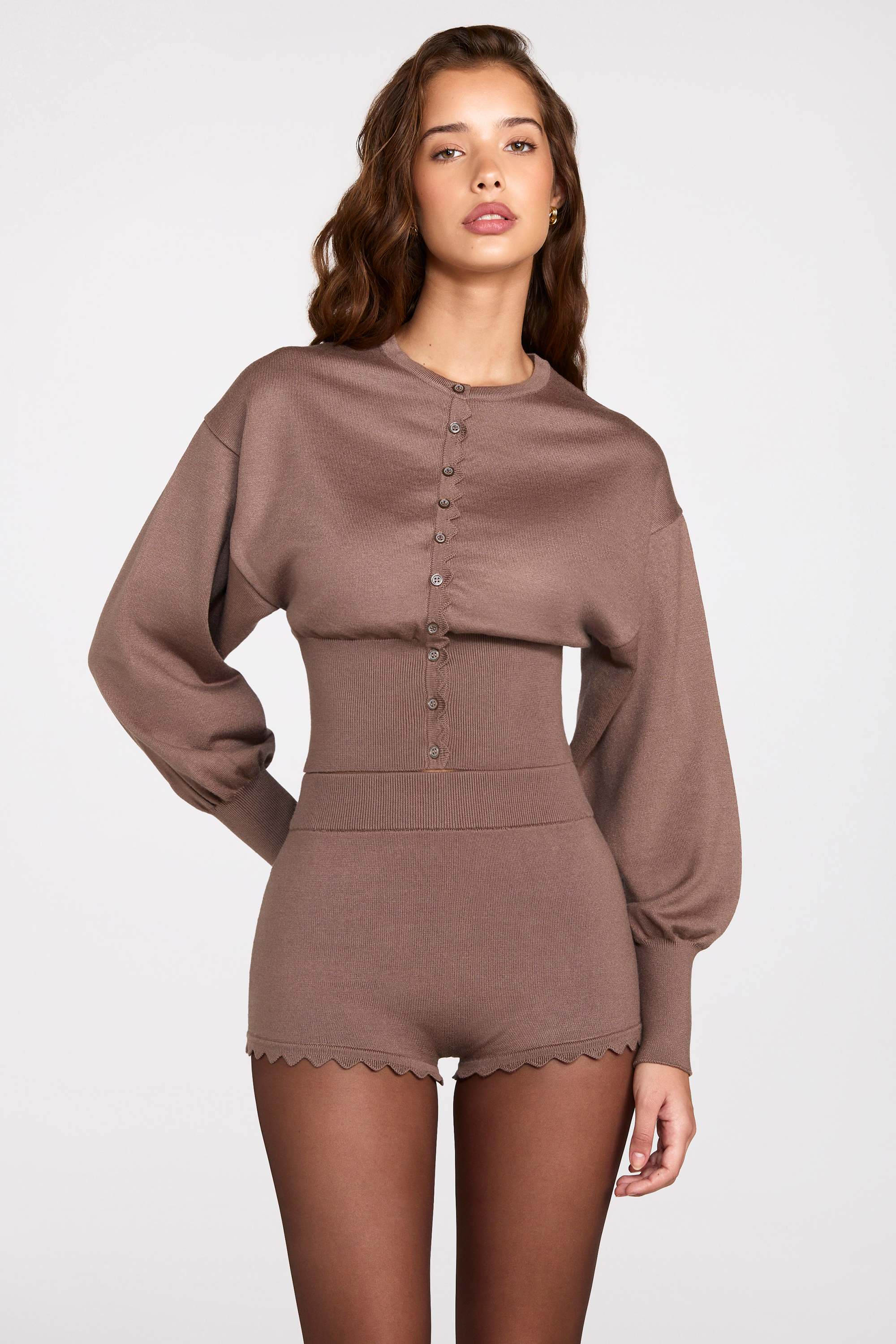 Knit Mid-Rise Mini Shorts in Mocha - Image 10