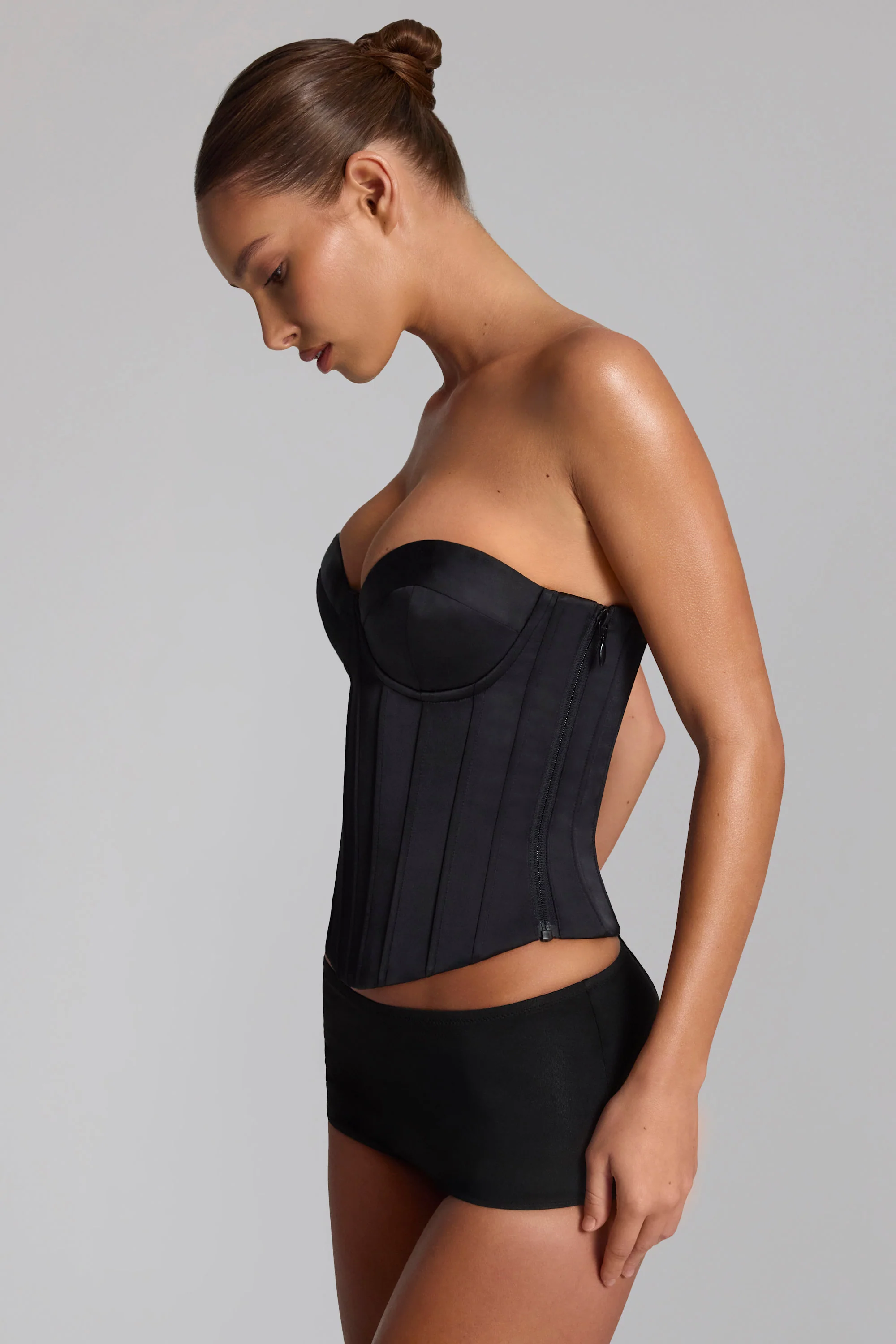 Satin Lace-Up Bustier Corset Top in Black - Image 3