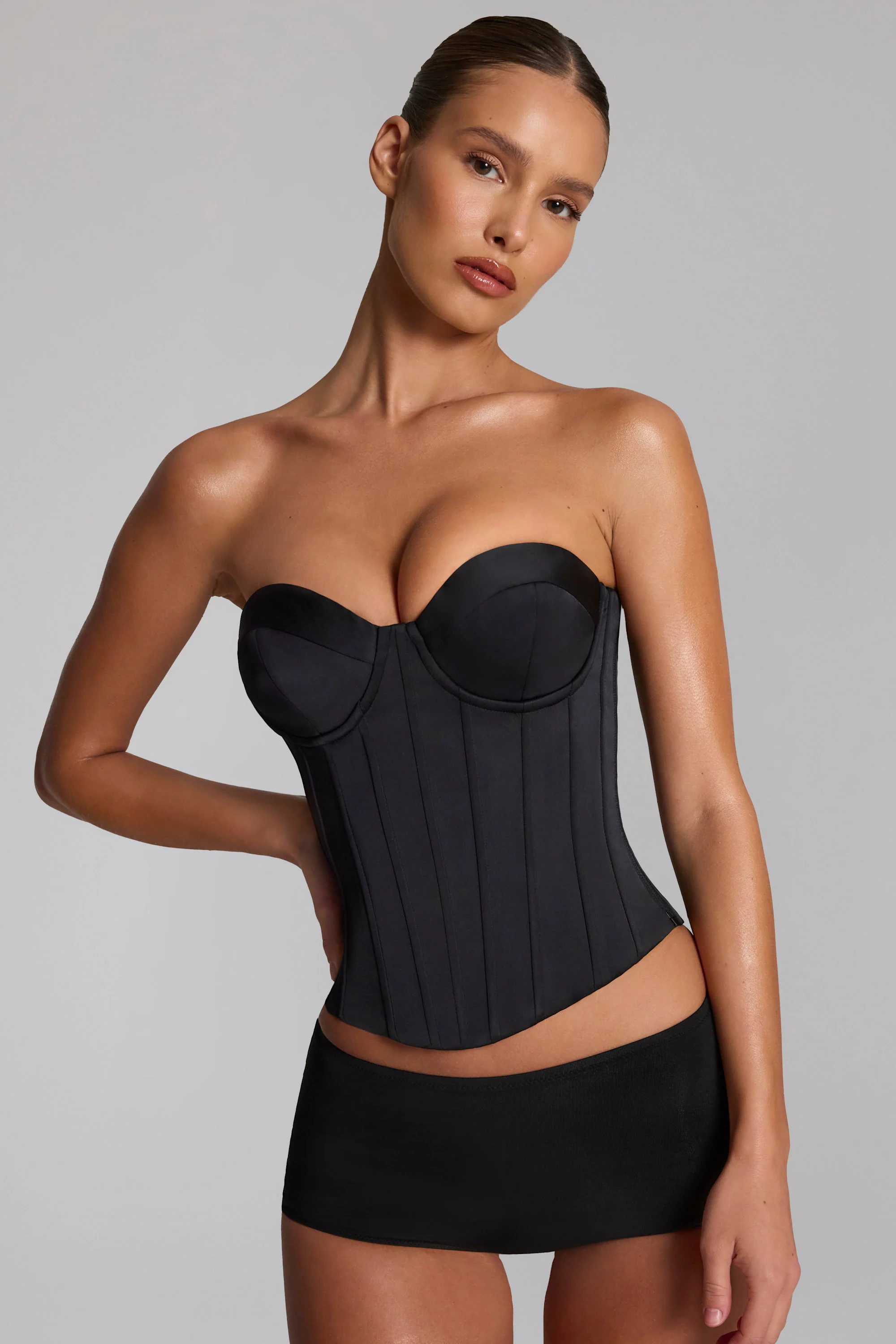 Satin Lace-Up Bustier Corset Top in Black - Image 4
