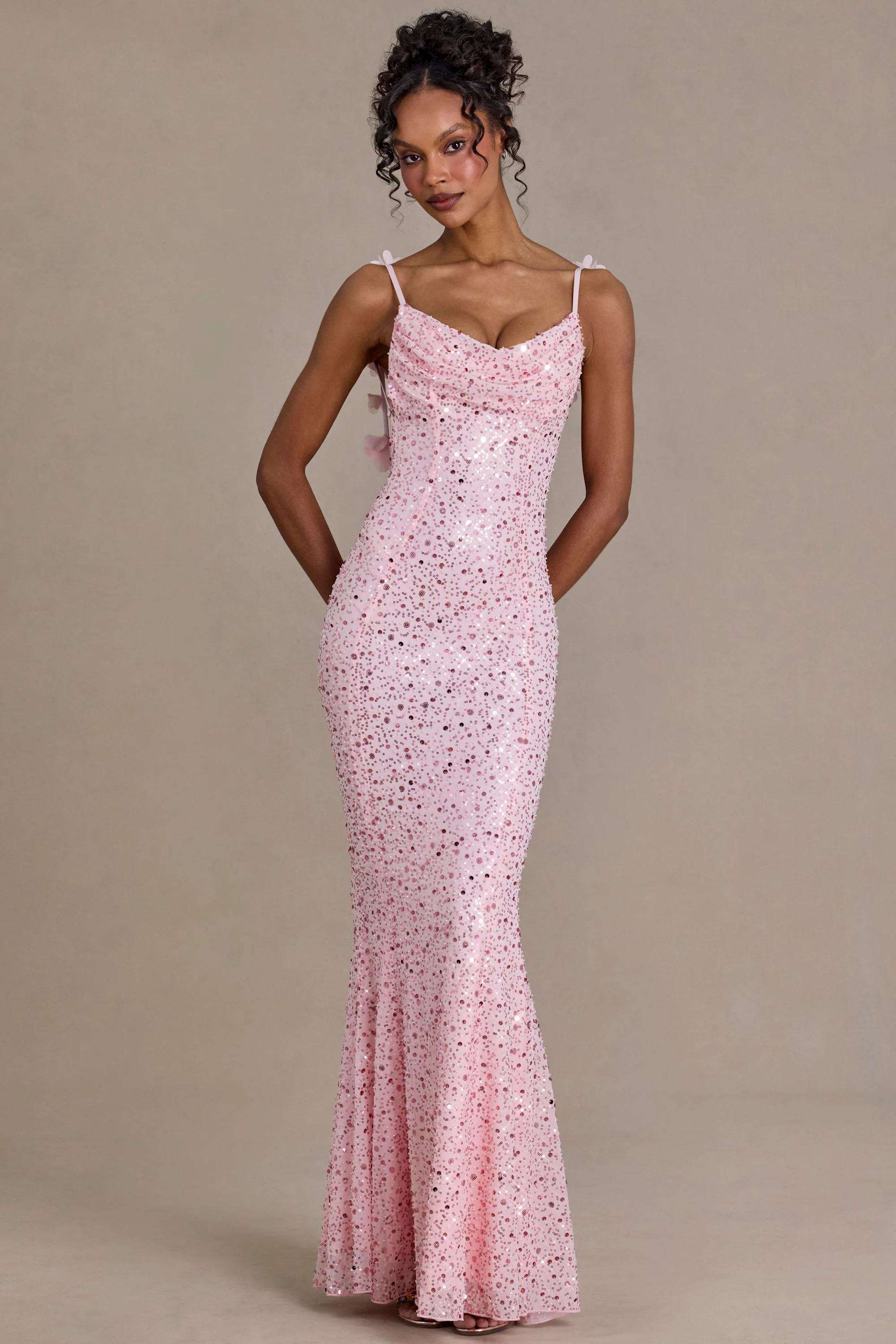 Premium Embellished Open-Back Maxi Dress in Baby Pink