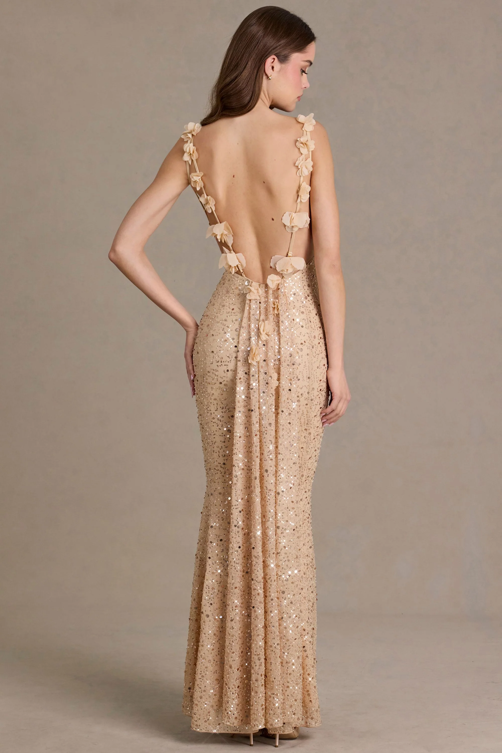 Premium Embellished Open-Back Maxi Dress in Gold - Image 5