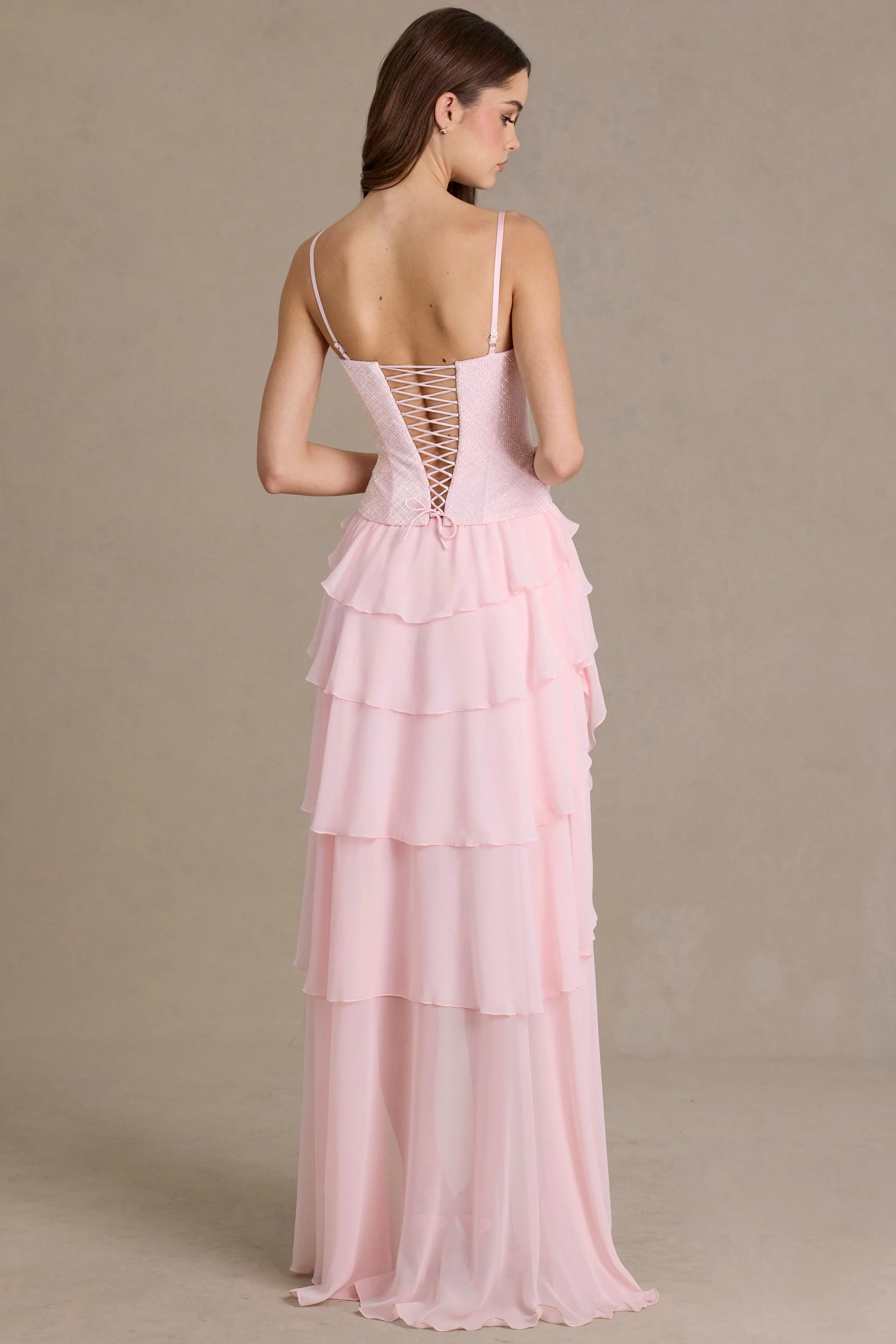Premium Embellished Cowl-Neck Corset Gown in Baby Pink - Image 2