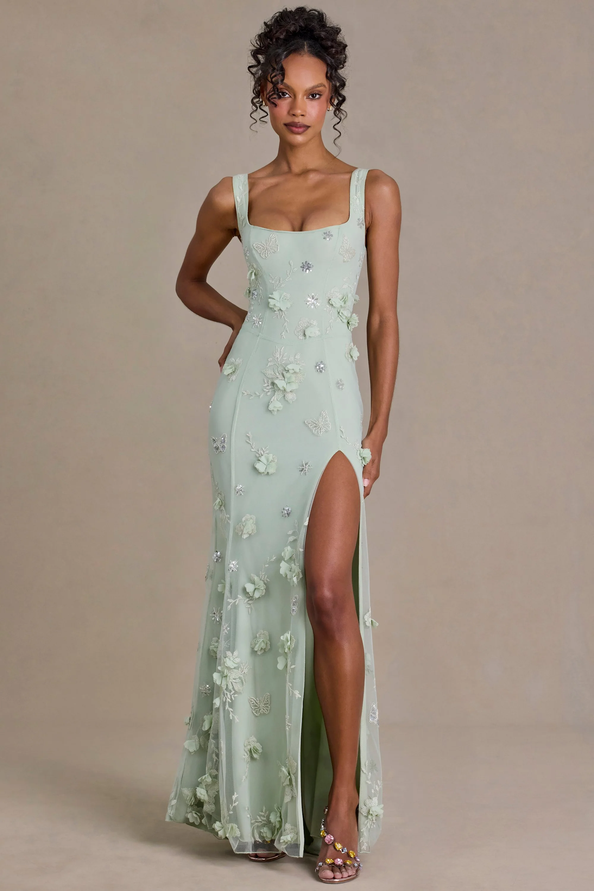 Embellished Corset Gown in Sage Green - Image 4