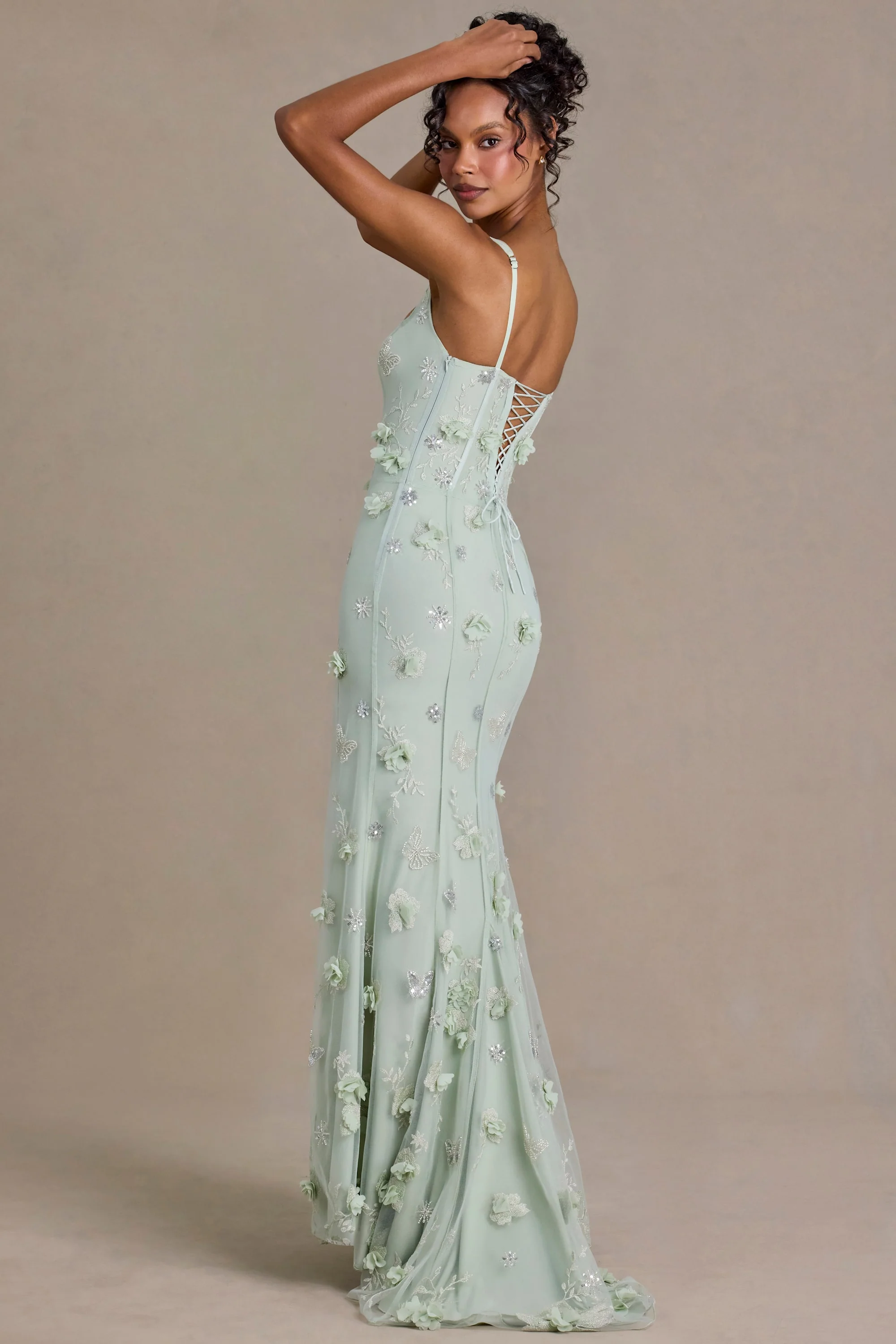 Embellished Corset Gown in Sage Green - Image 5