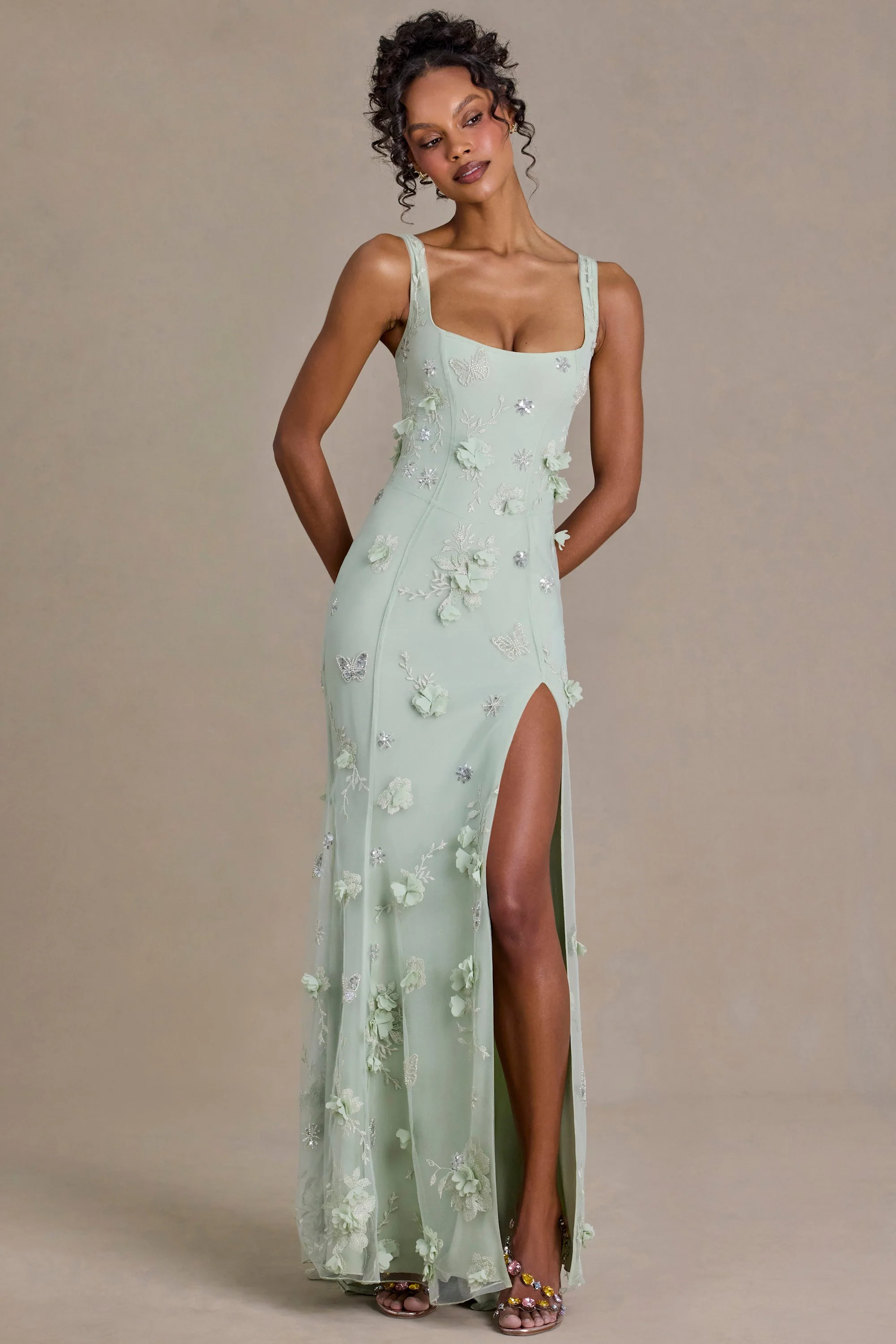 Embellished Corset Gown in Sage Green - Image 6