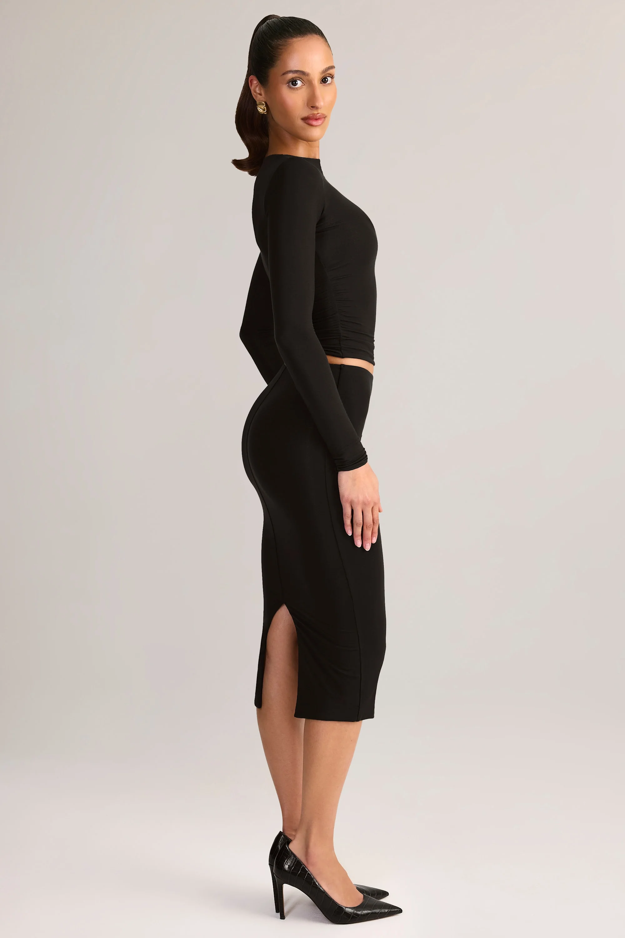 Modal Mid-Rise Pencil Midi Skirt in Black - Image 3