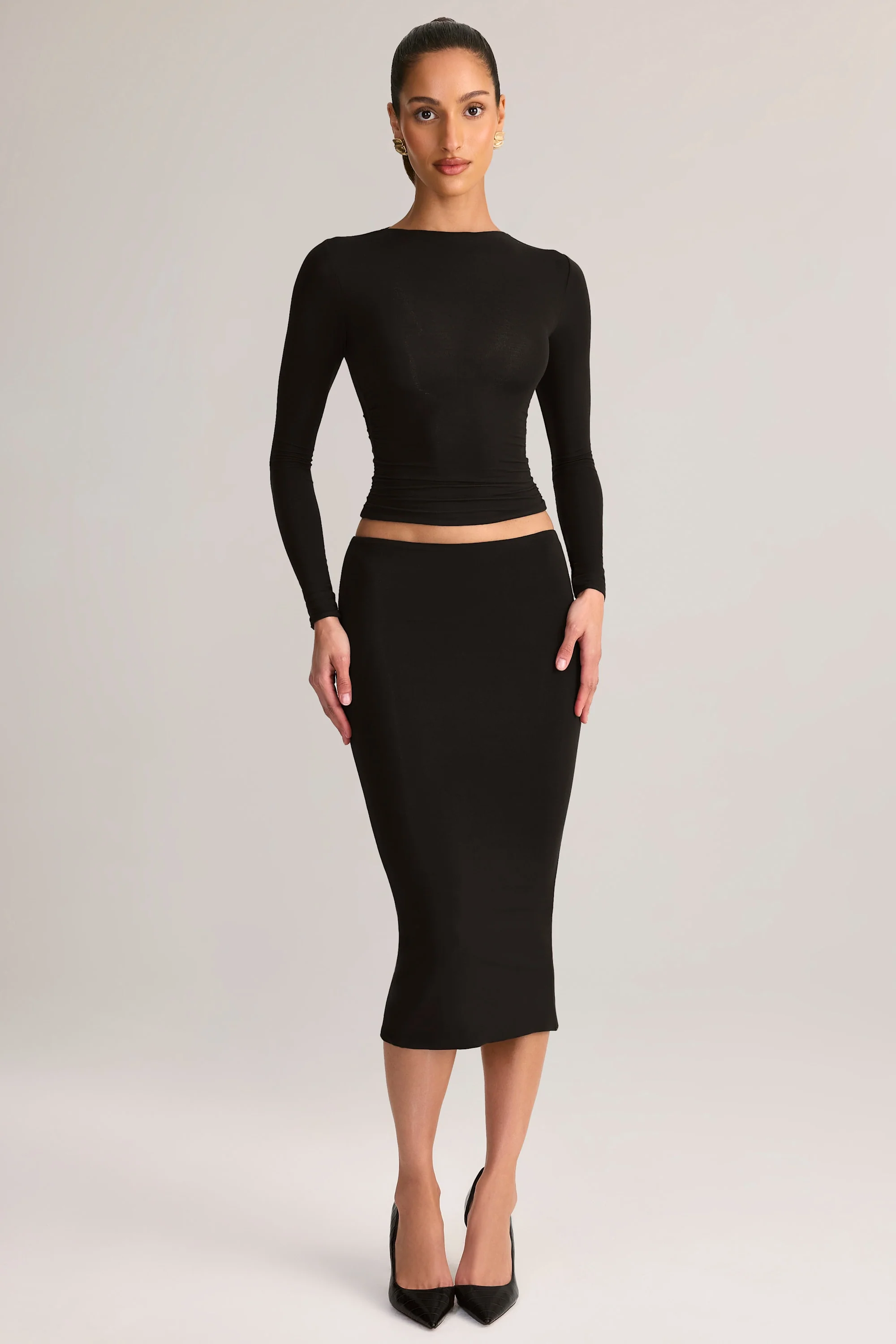 Modal Mid-Rise Pencil Midi Skirt in Black - Image 4