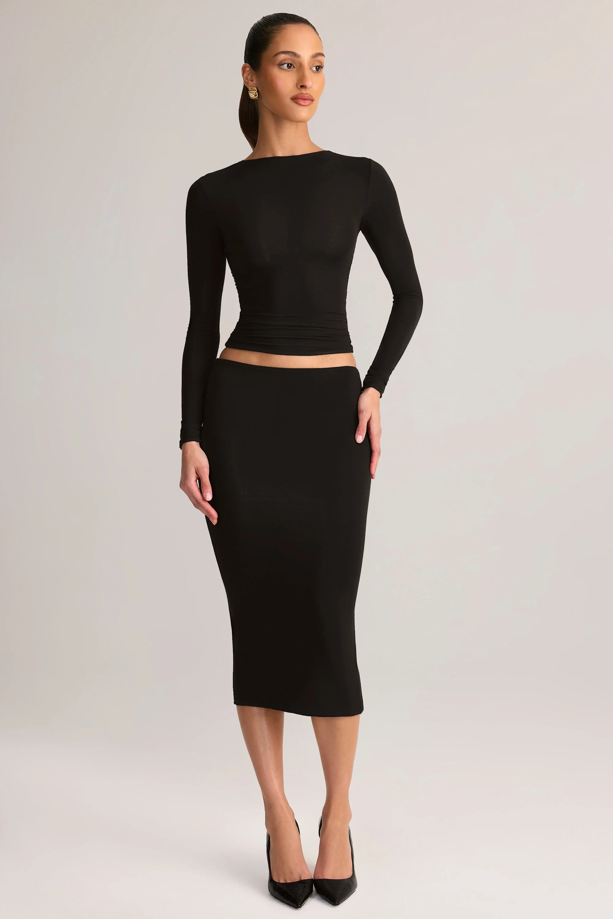 Modal Mid-Rise Pencil Midi Skirt in Black - Image 5