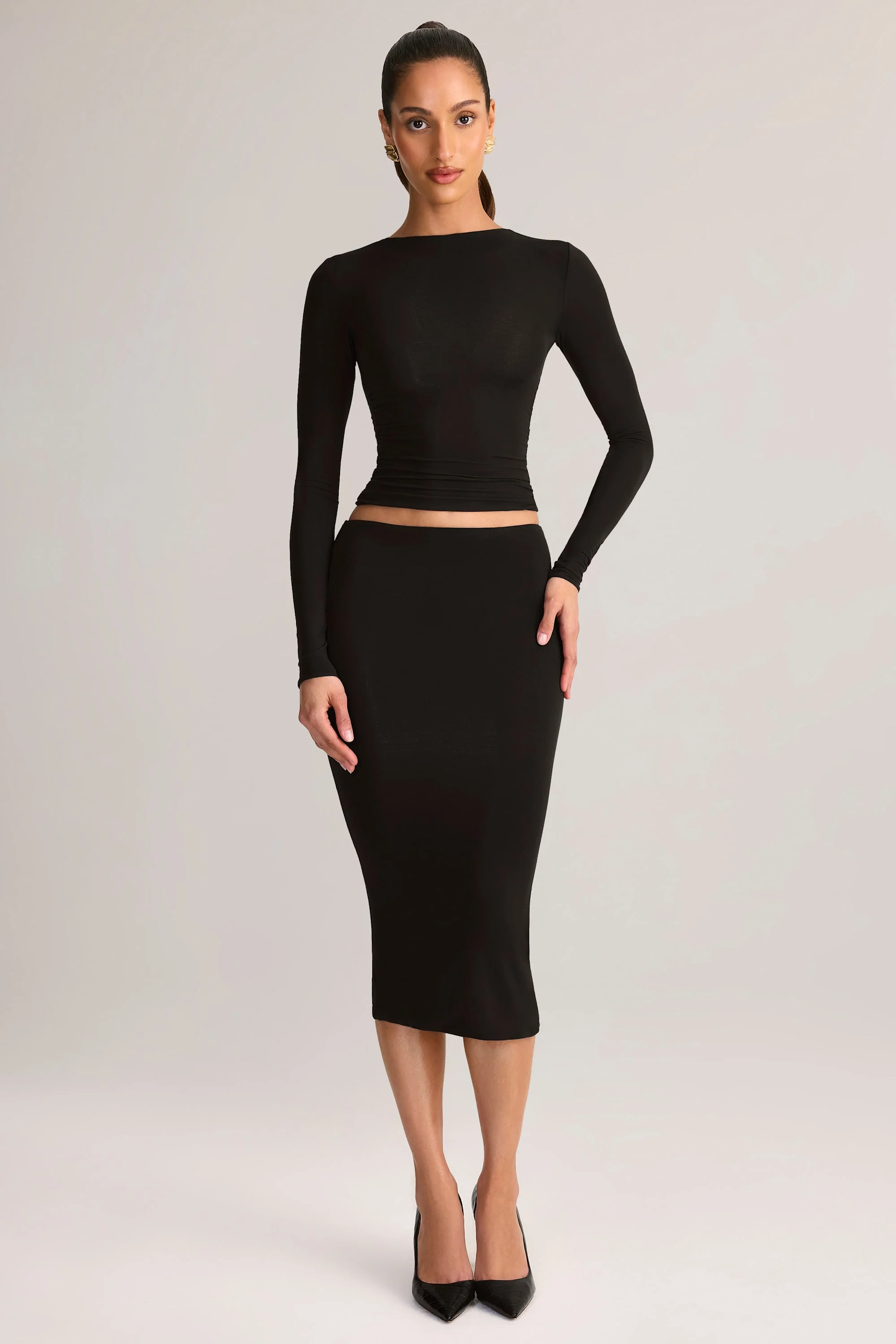 Modal Mid-Rise Pencil Midi Skirt in Black - Image 6