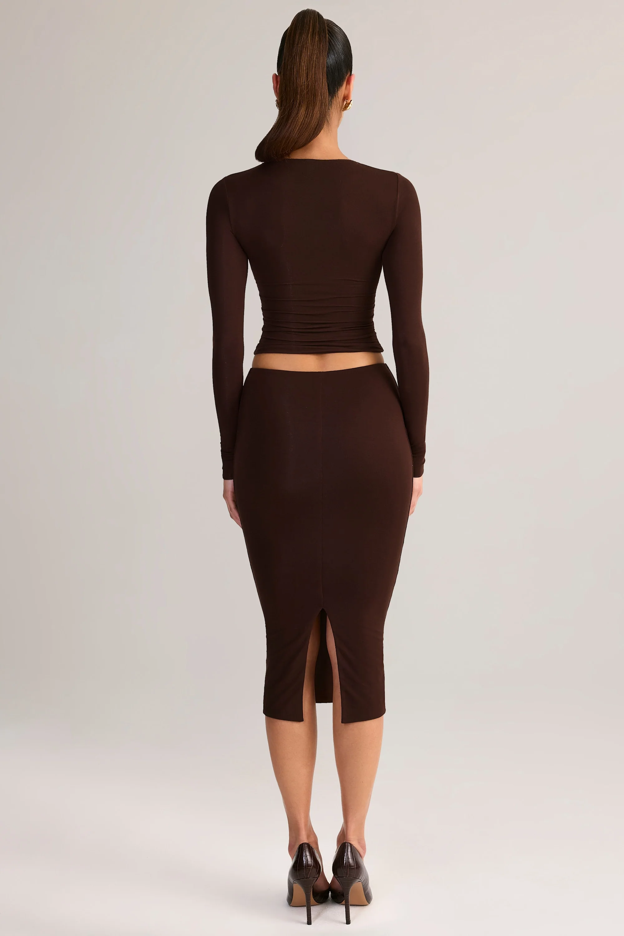 Modal Mid-Rise Pencil Midi Skirt in Chocolate Brown - Image 2