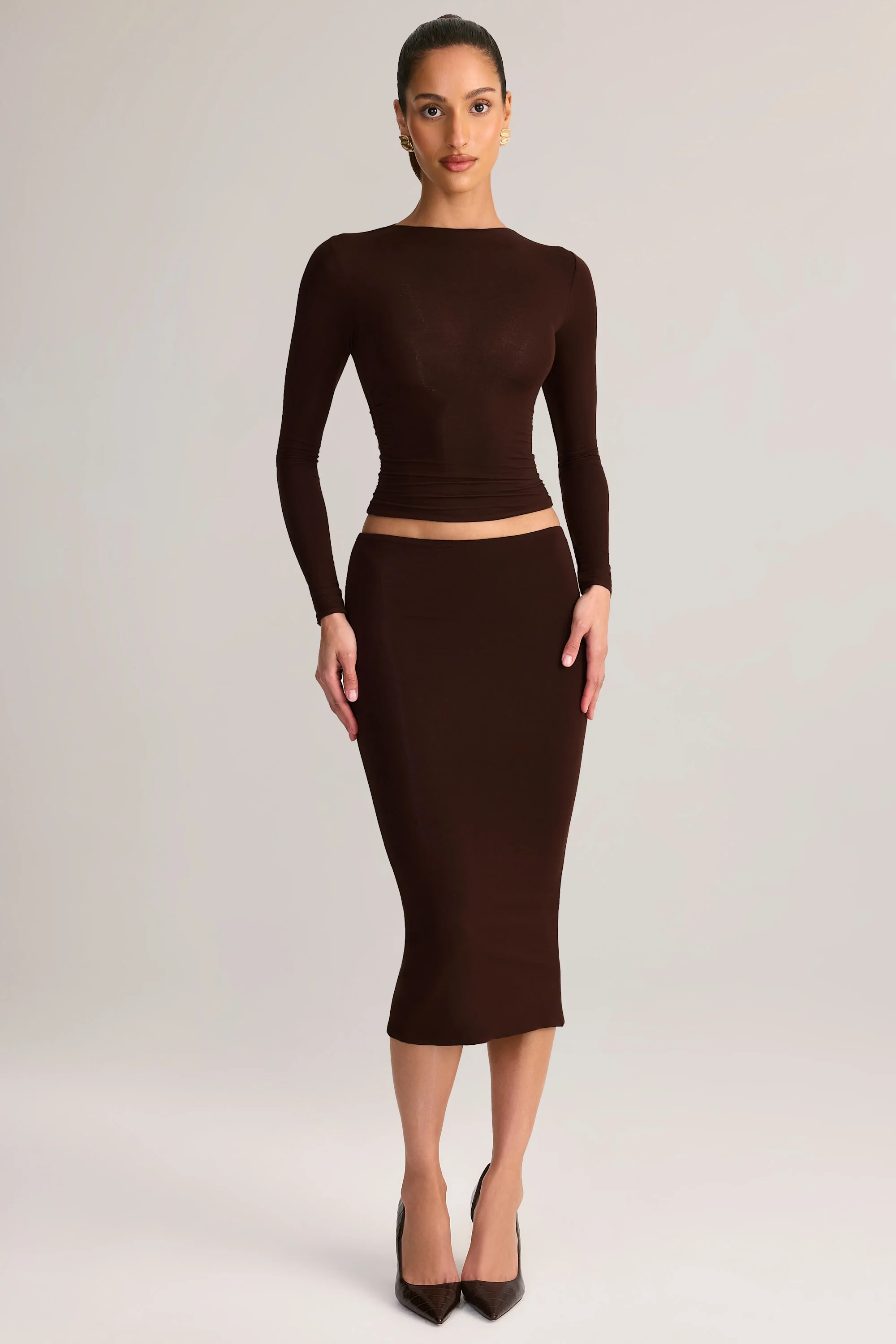 Modal Mid-Rise Pencil Midi Skirt in Chocolate Brown - Image 7