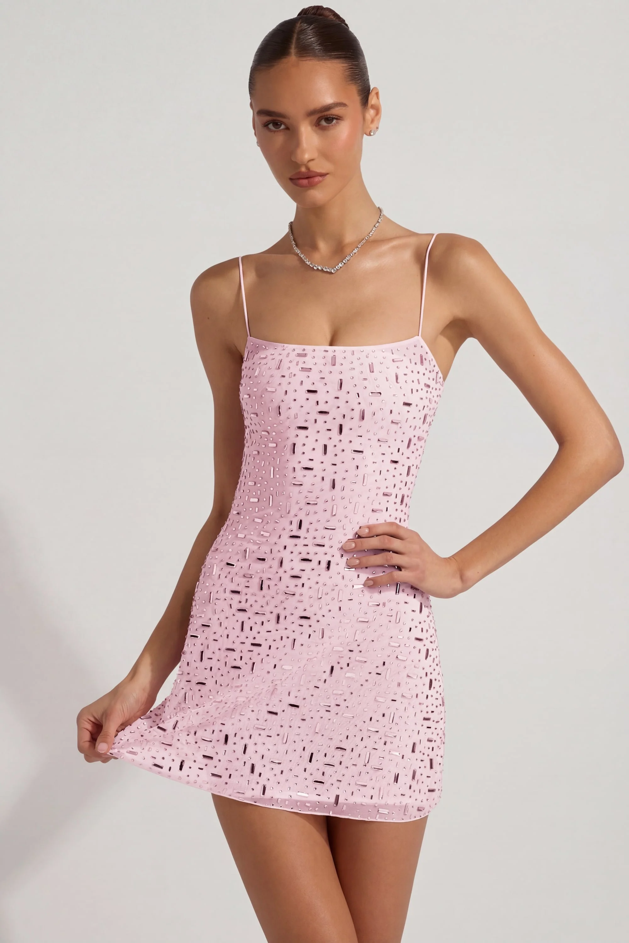 Sheer Embellished Square-Neck Mini Dress in Pink - Image 7