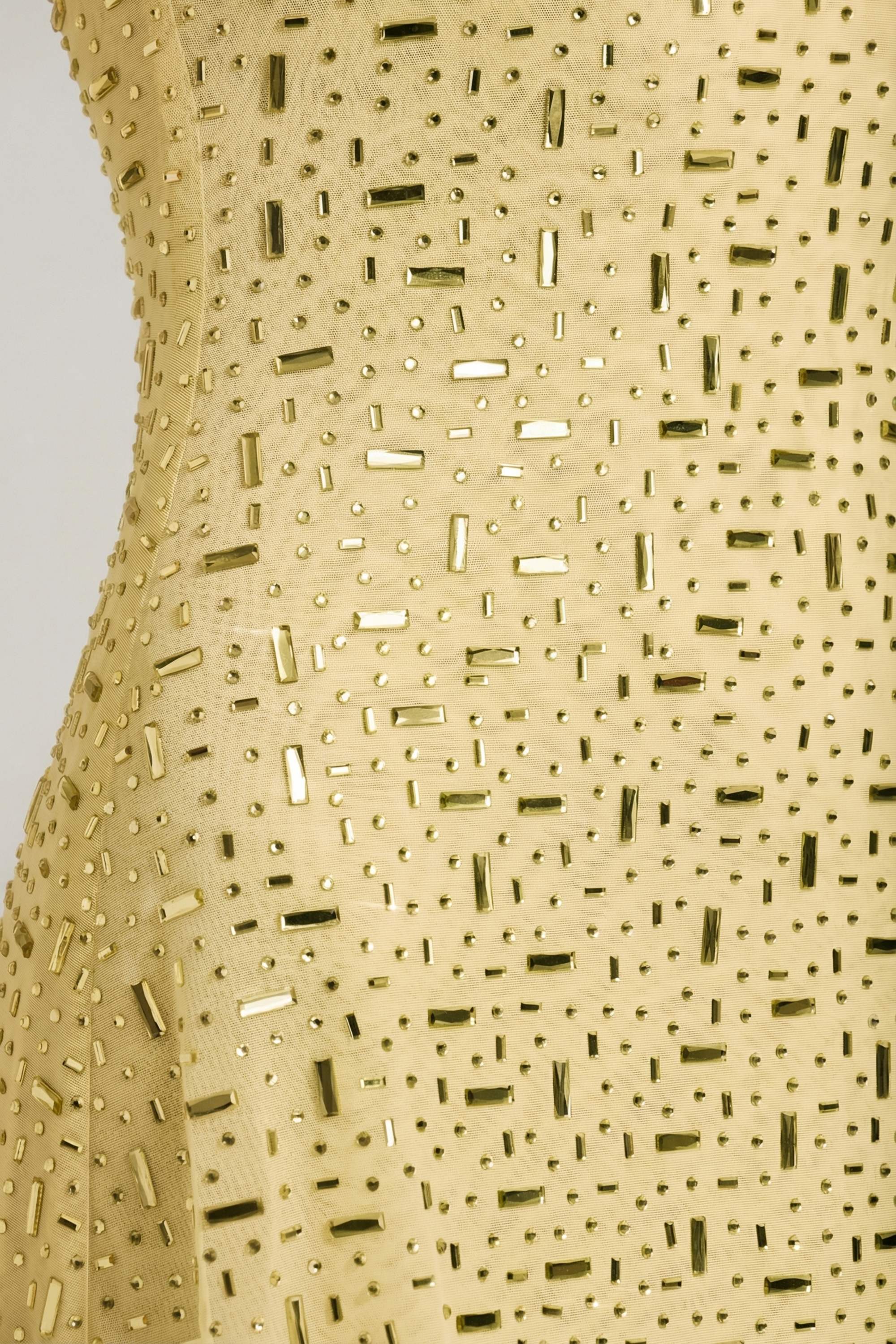 Sheer Embellished Square-Neck Mini Dress in Yellow - Image 3