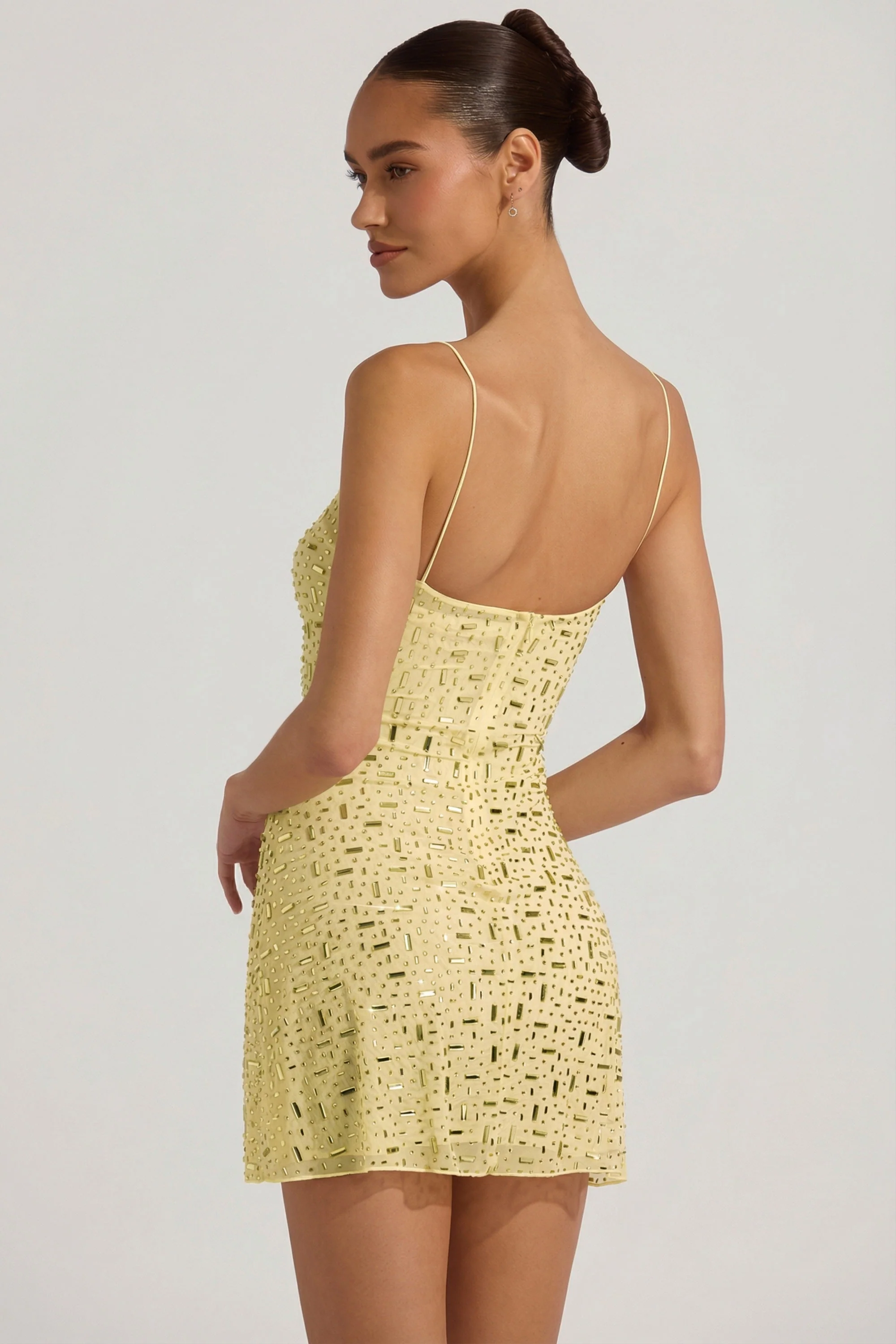 Sheer Embellished Square-Neck Mini Dress in Yellow - Image 7