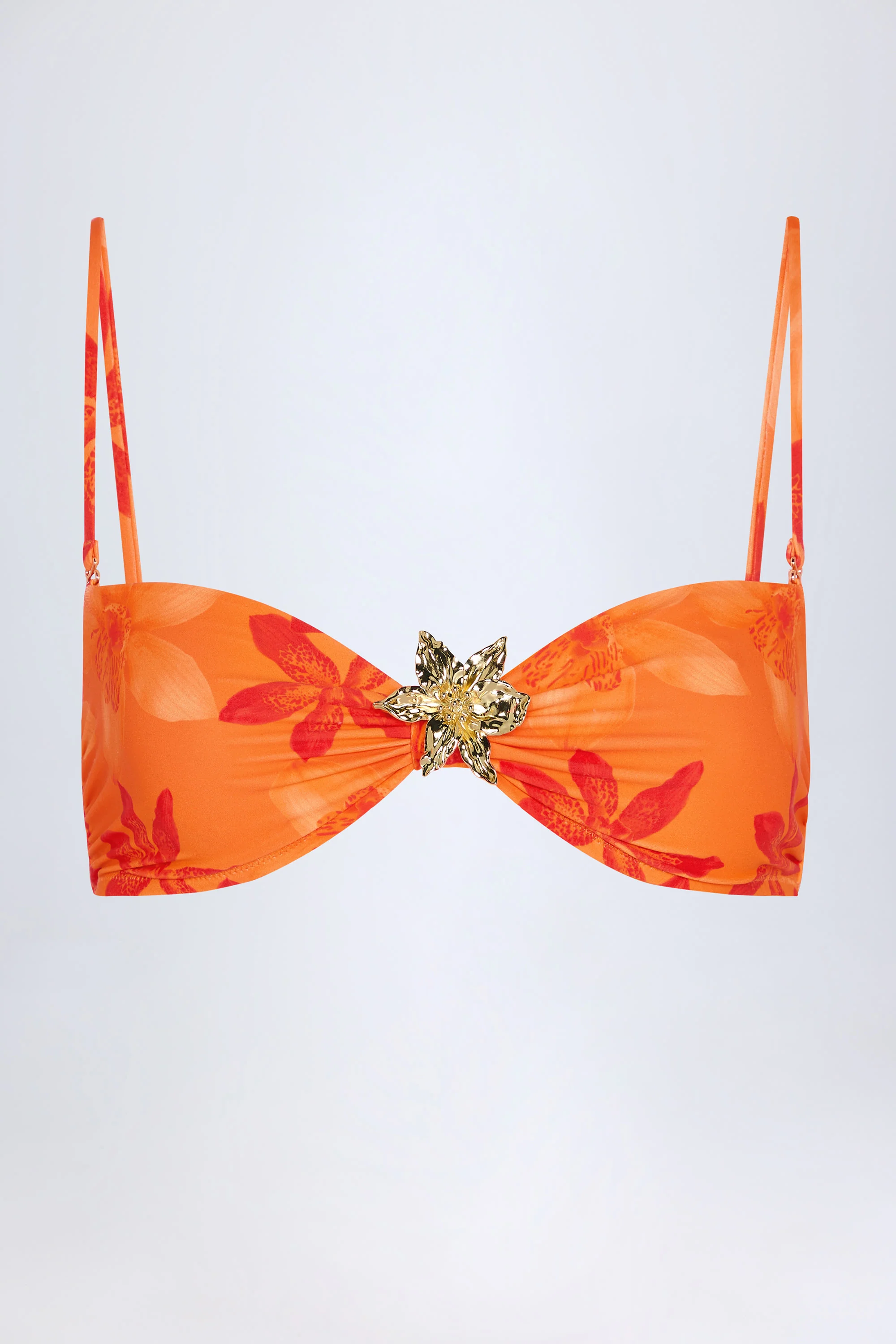 Hardware-Detail Halterneck Bikini Top in Orange Orchid Print - Image 3