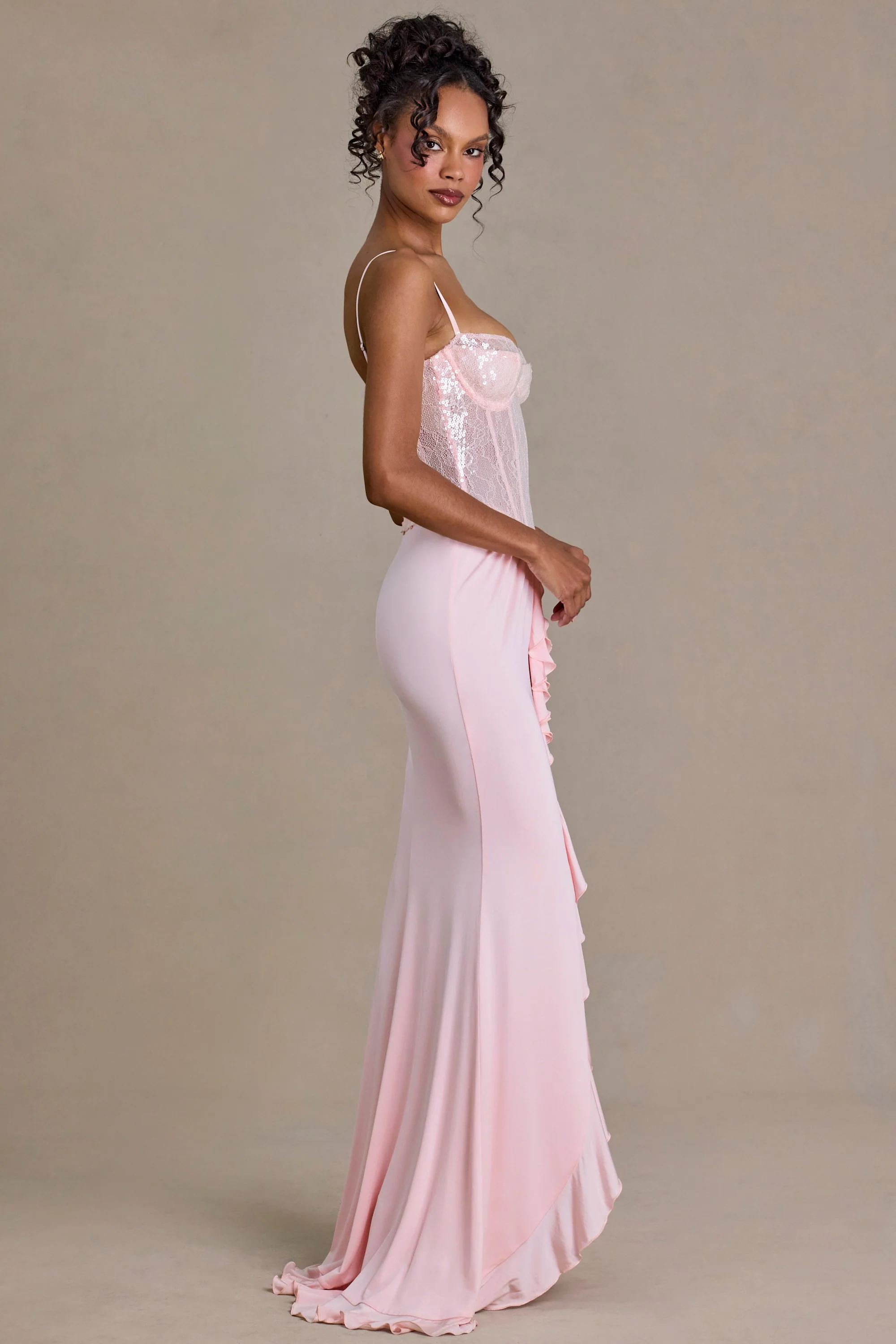 Embellished Lace Corset Gown in Baby Pink - Image 3