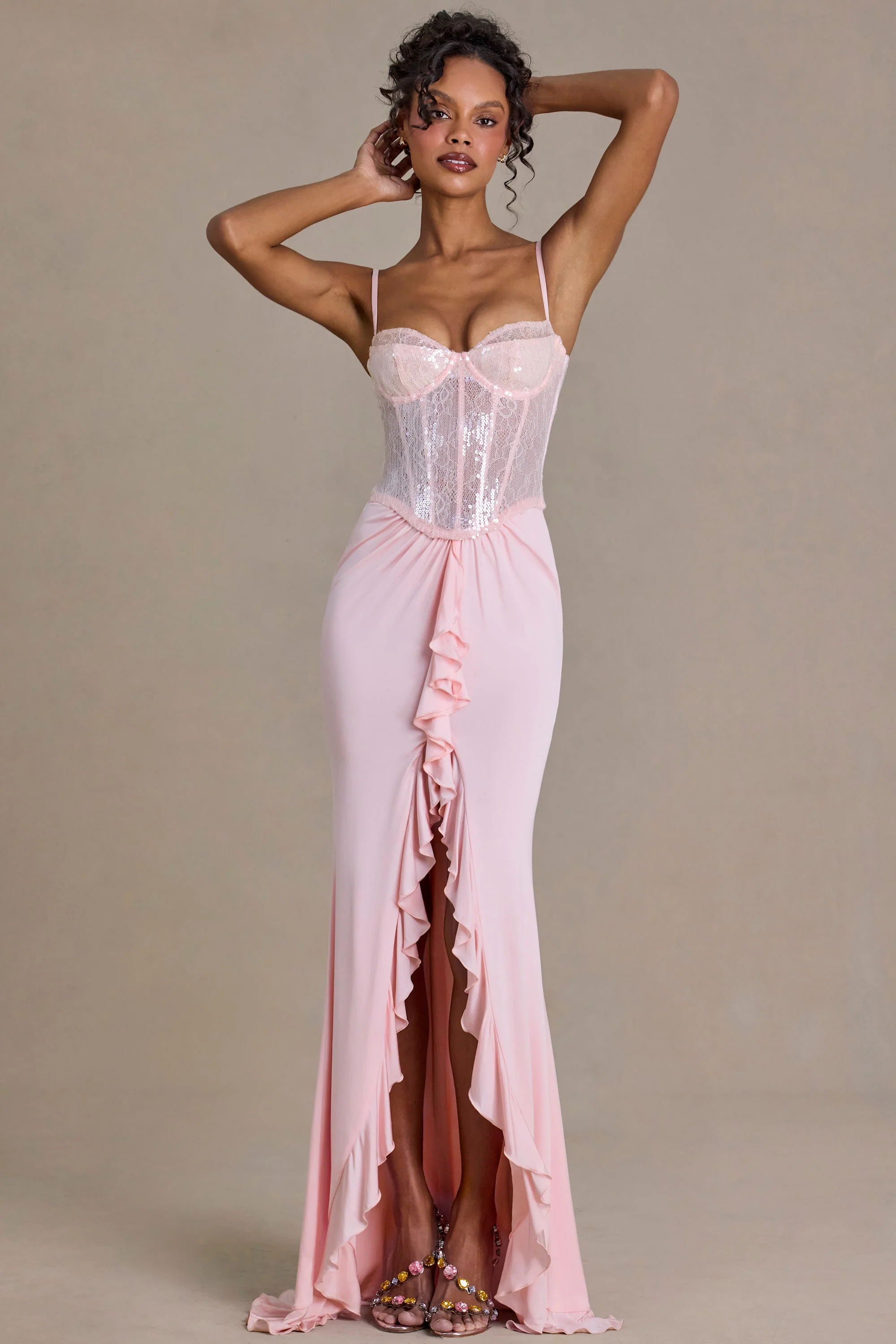 Embellished Lace Corset Gown in Baby Pink - Image 5