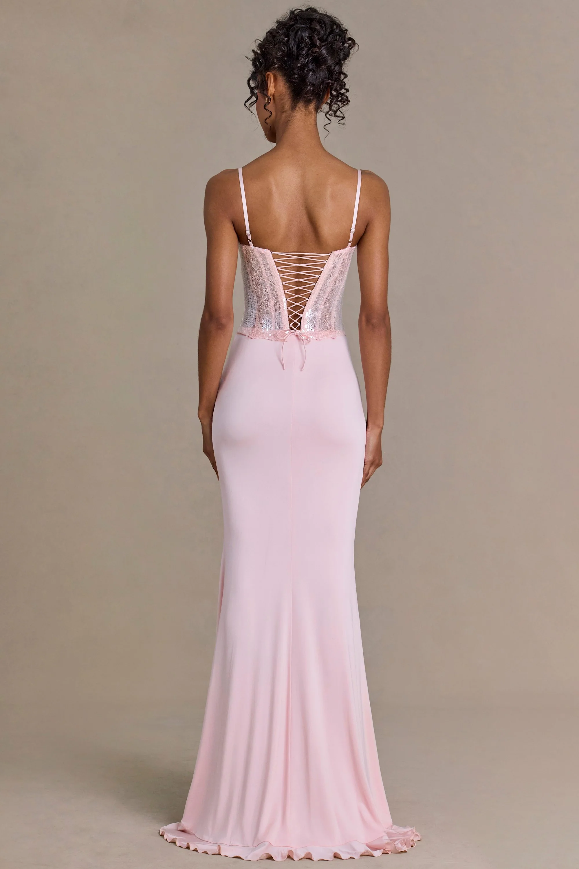 Embellished Lace Corset Gown in Baby Pink - Image 6