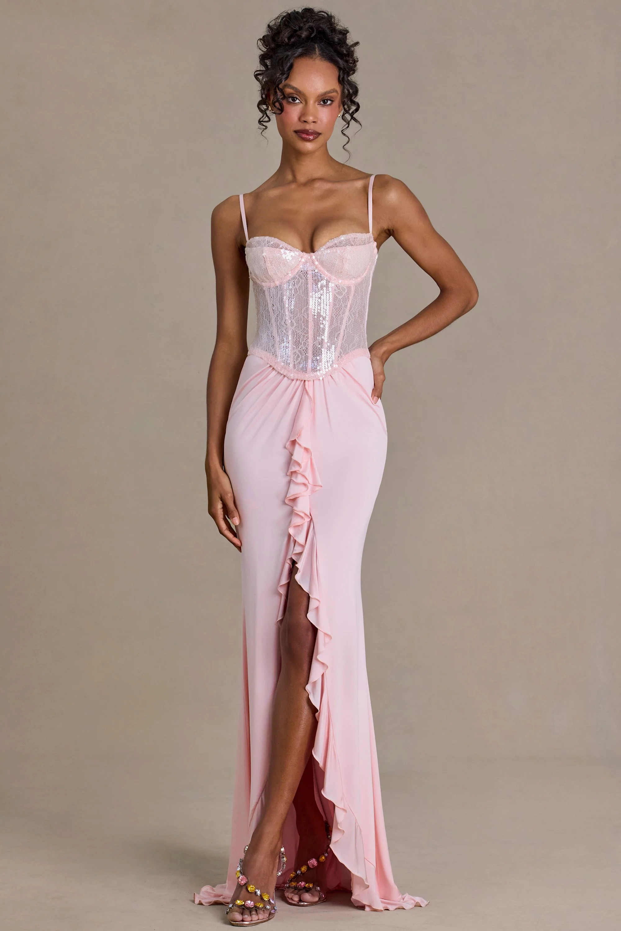 Embellished Lace Corset Gown in Baby Pink - Image 7