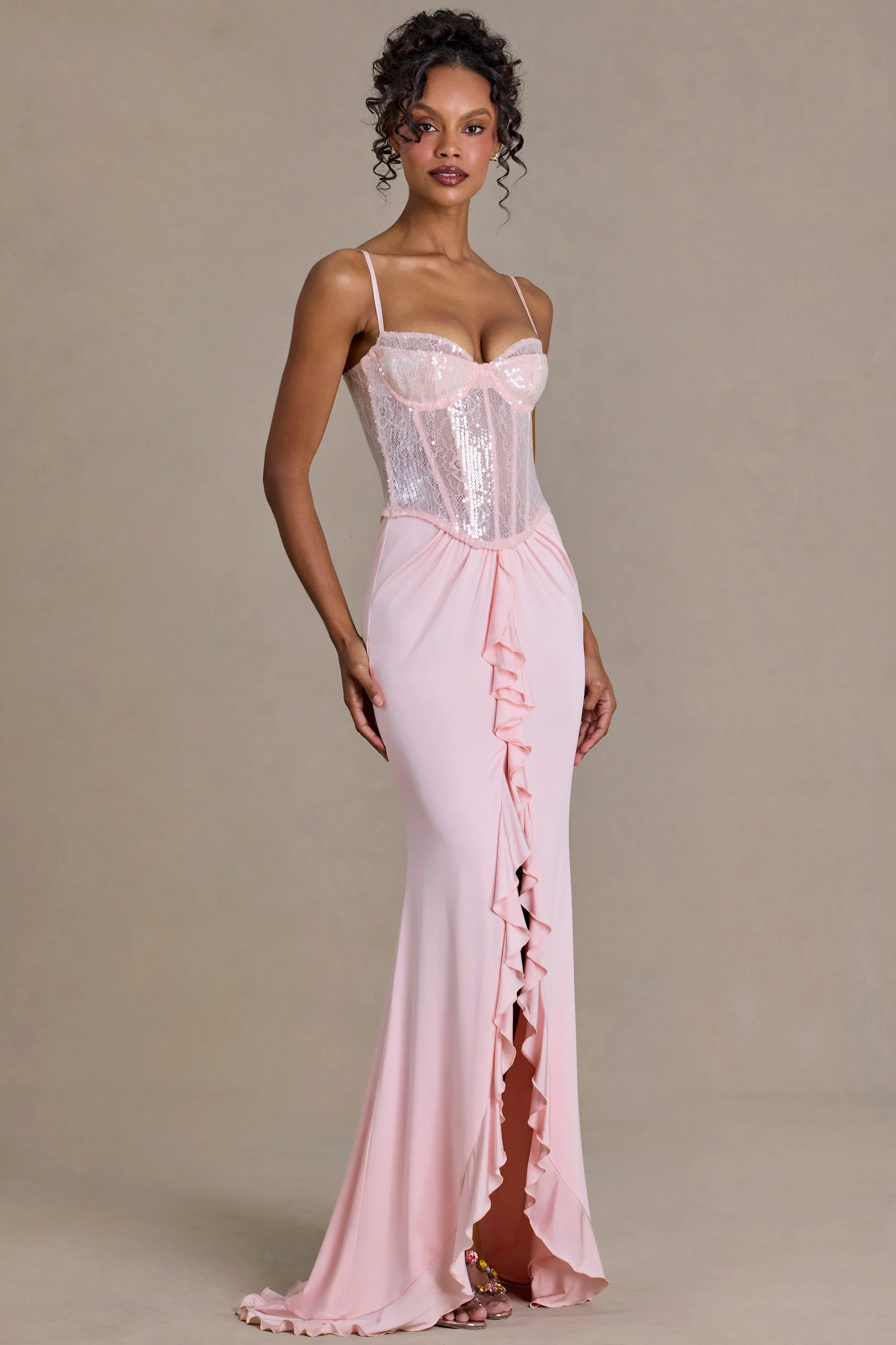 Embellished Lace Corset Gown in Baby Pink - Image 8