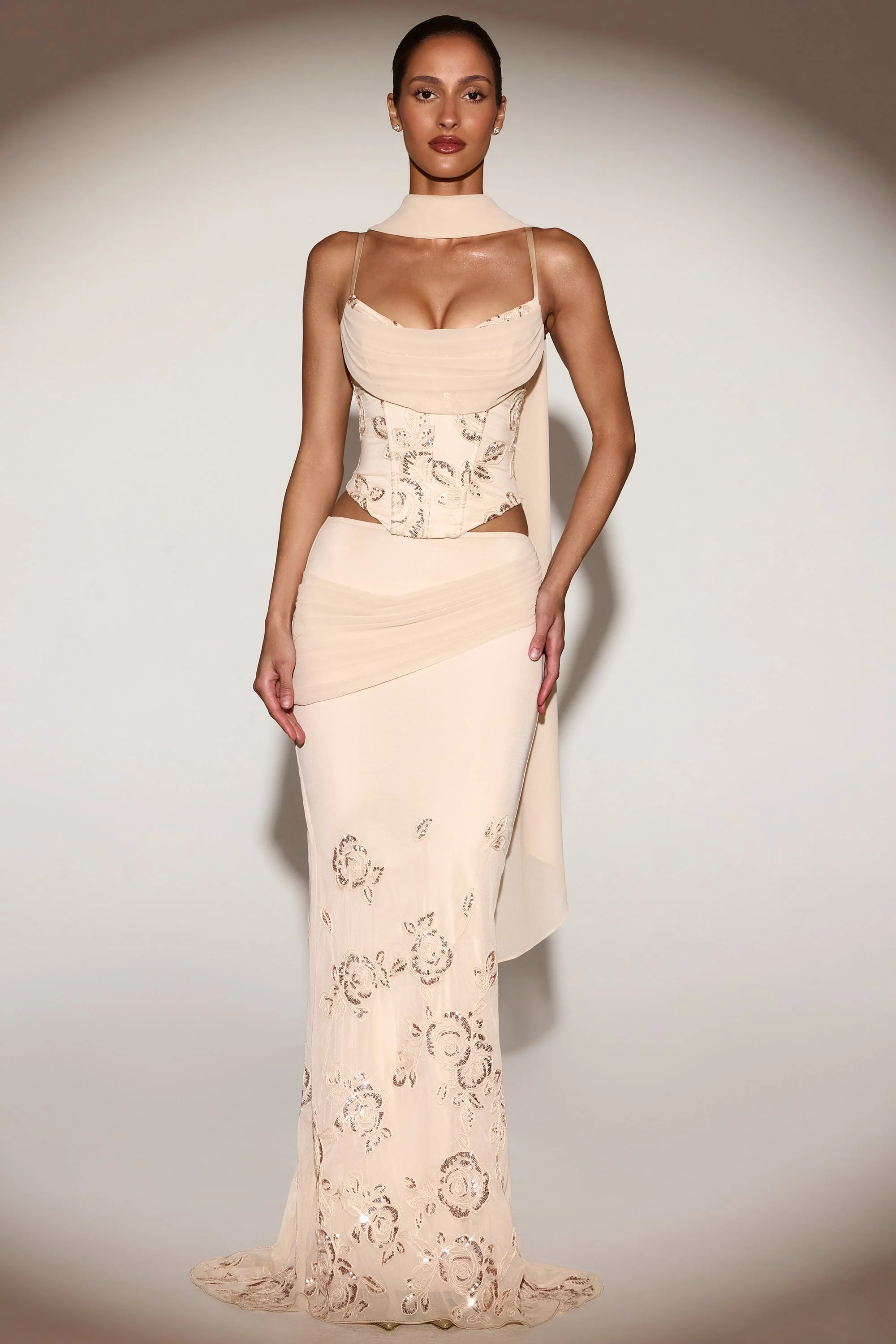 Embellished Draped Mid-Rise Gown Skirt in Gold - Image 5