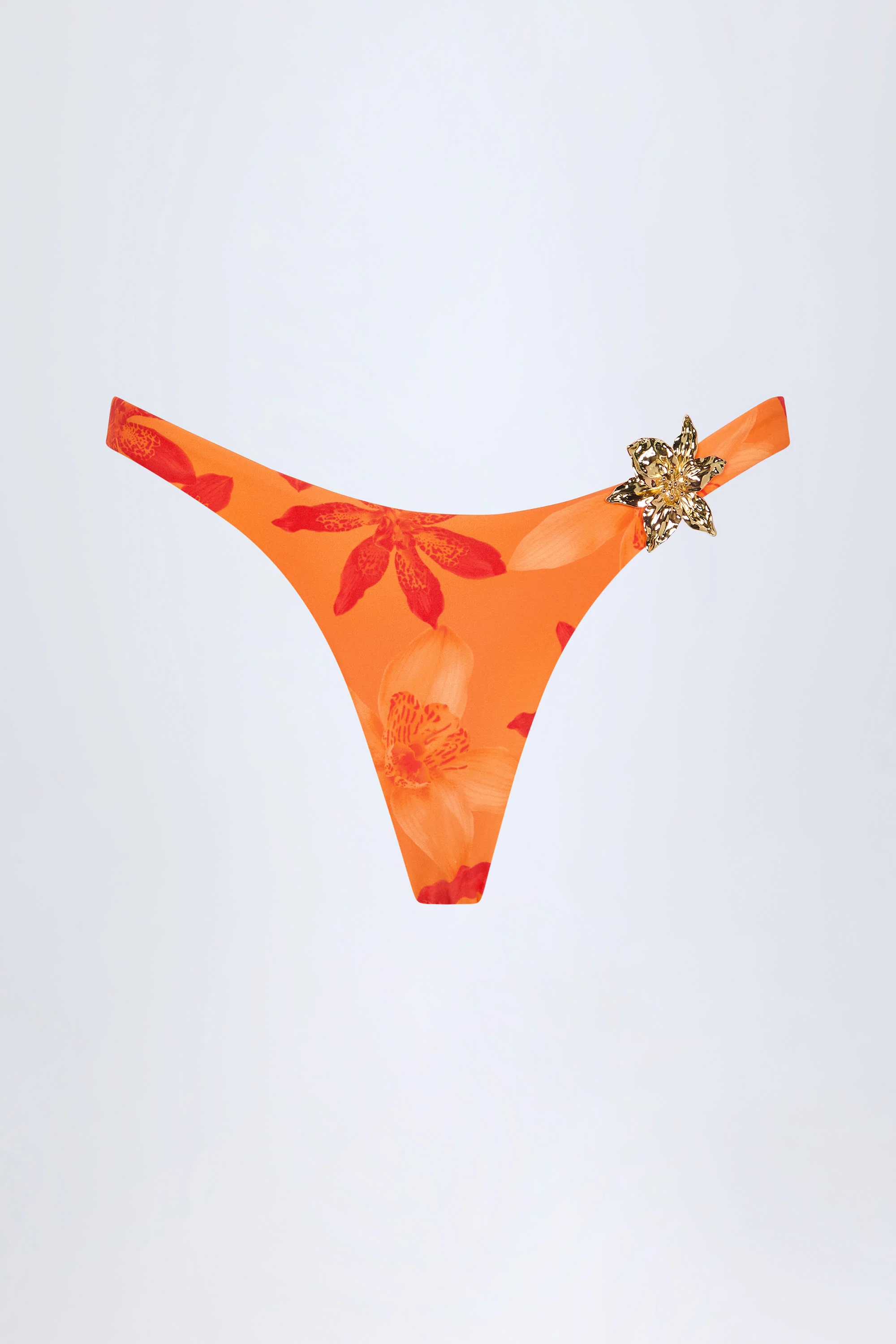 Hardware-Detail Cheeky Bikini Bottoms in Orange Orchid Print - Image 3