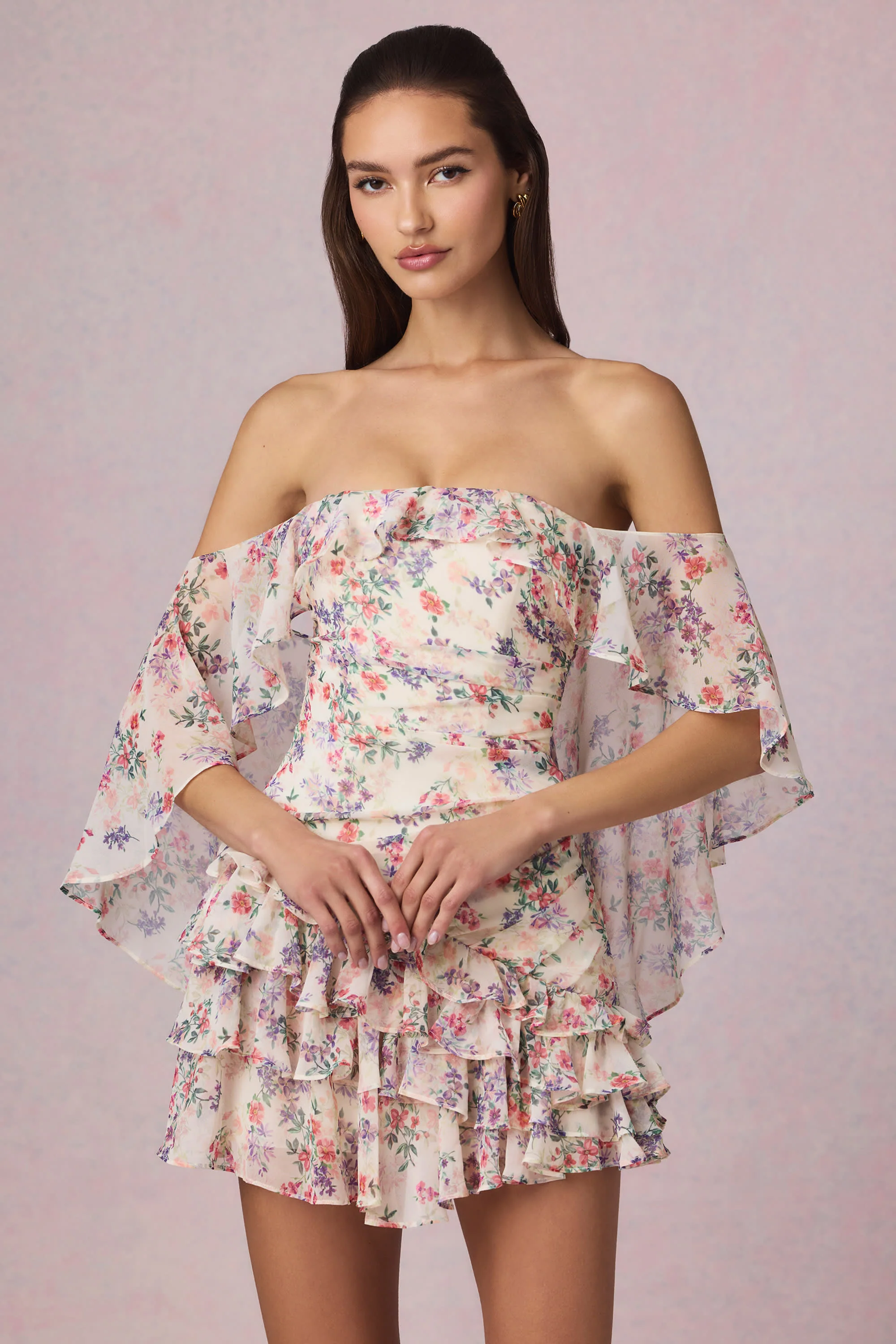 Off-Shoulder Ruffled Mini Dress in Primrose Floral Print - Image 6