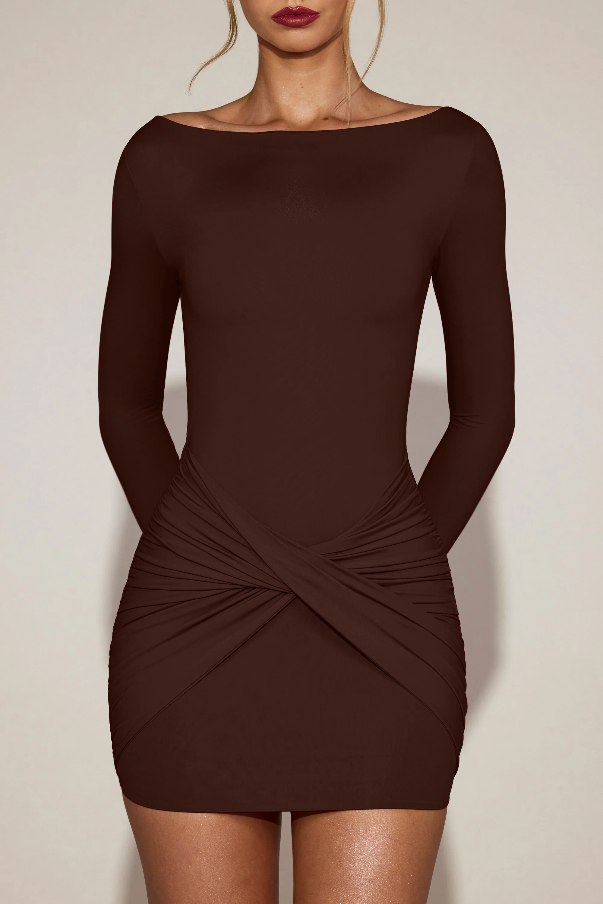 Soft-Jersey Boat-Neck Draped Mini Dress in Chocolate Brown - Image 5