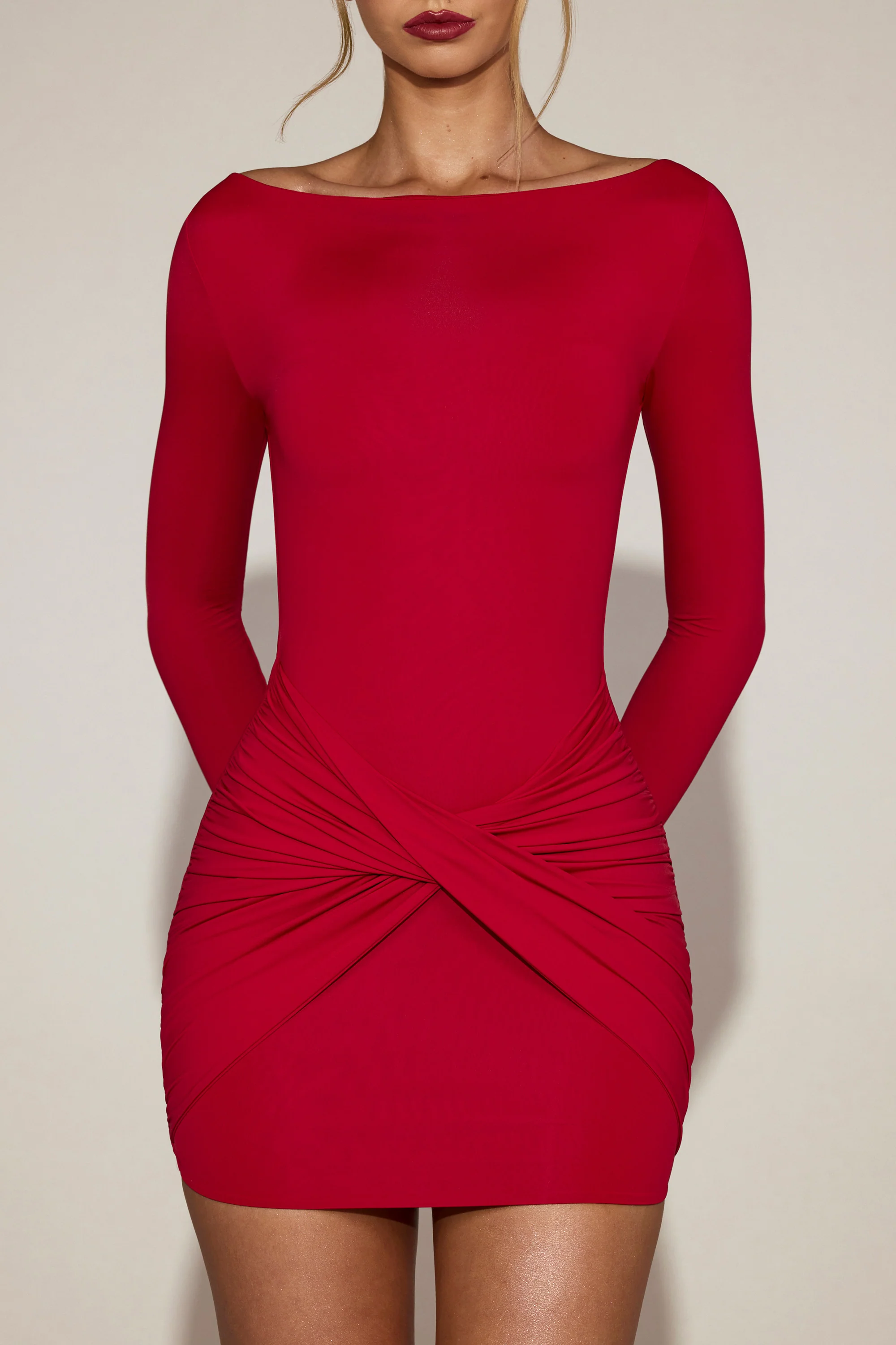 Soft-Jersey Boat-Neck Draped Mini Dress in True Red - Image 4