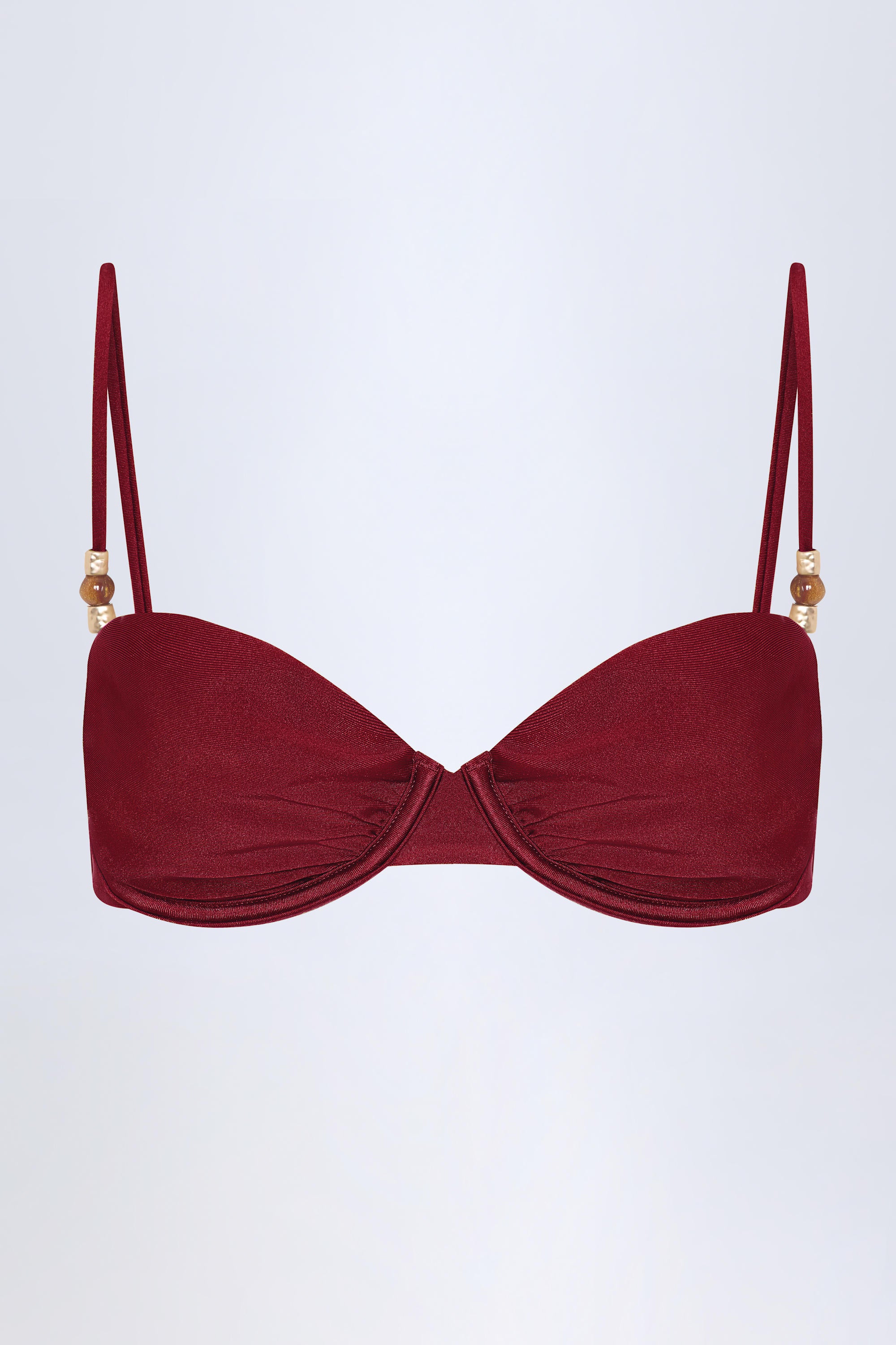 Bead-Embellished Ruched Underwired Bikini Top in Dark Cherry - Image 3