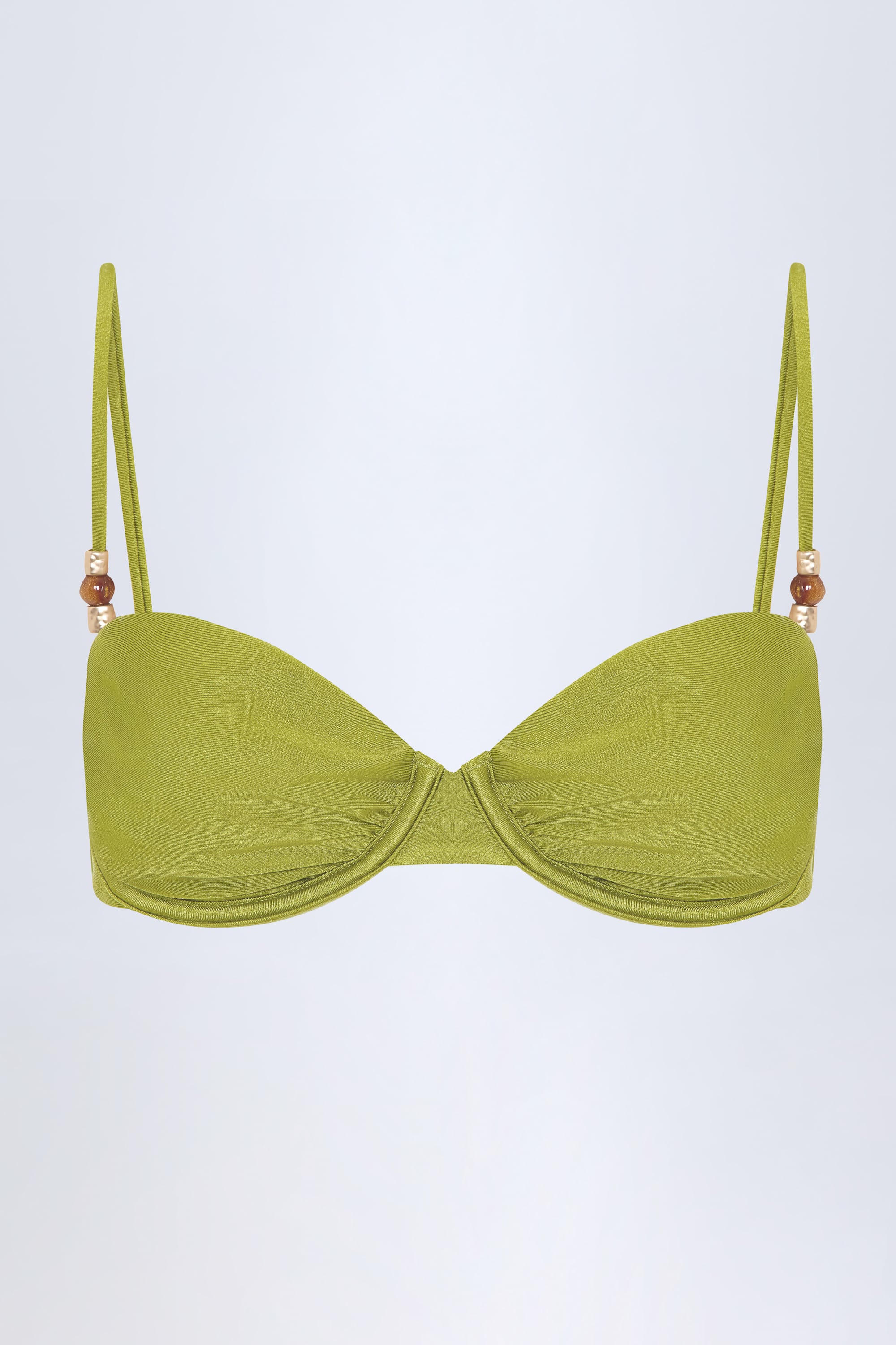 Bead-Embellished Ruched Underwired Bikini Top in Olive Green - Image 3
