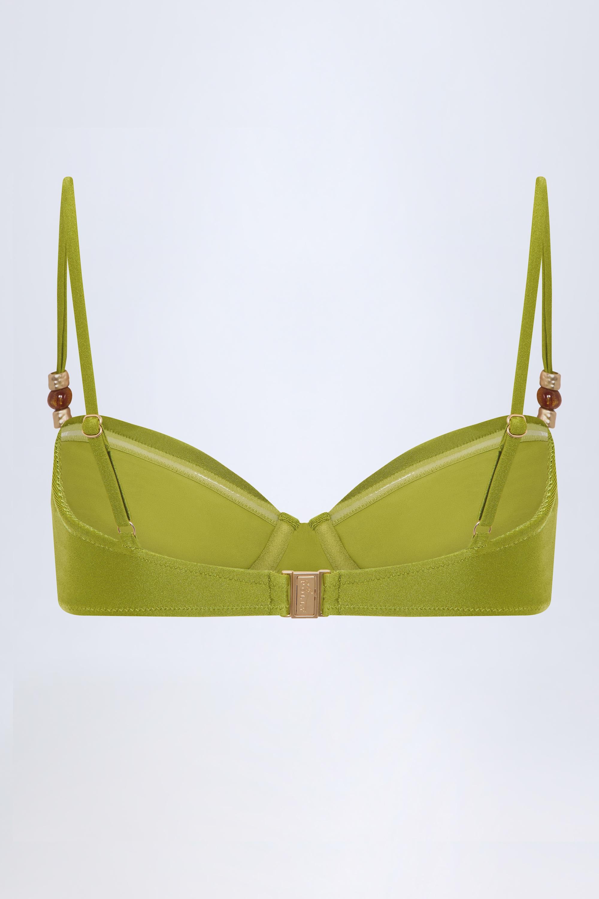 Bead-Embellished Ruched Underwired Bikini Top in Olive Green - Image 4