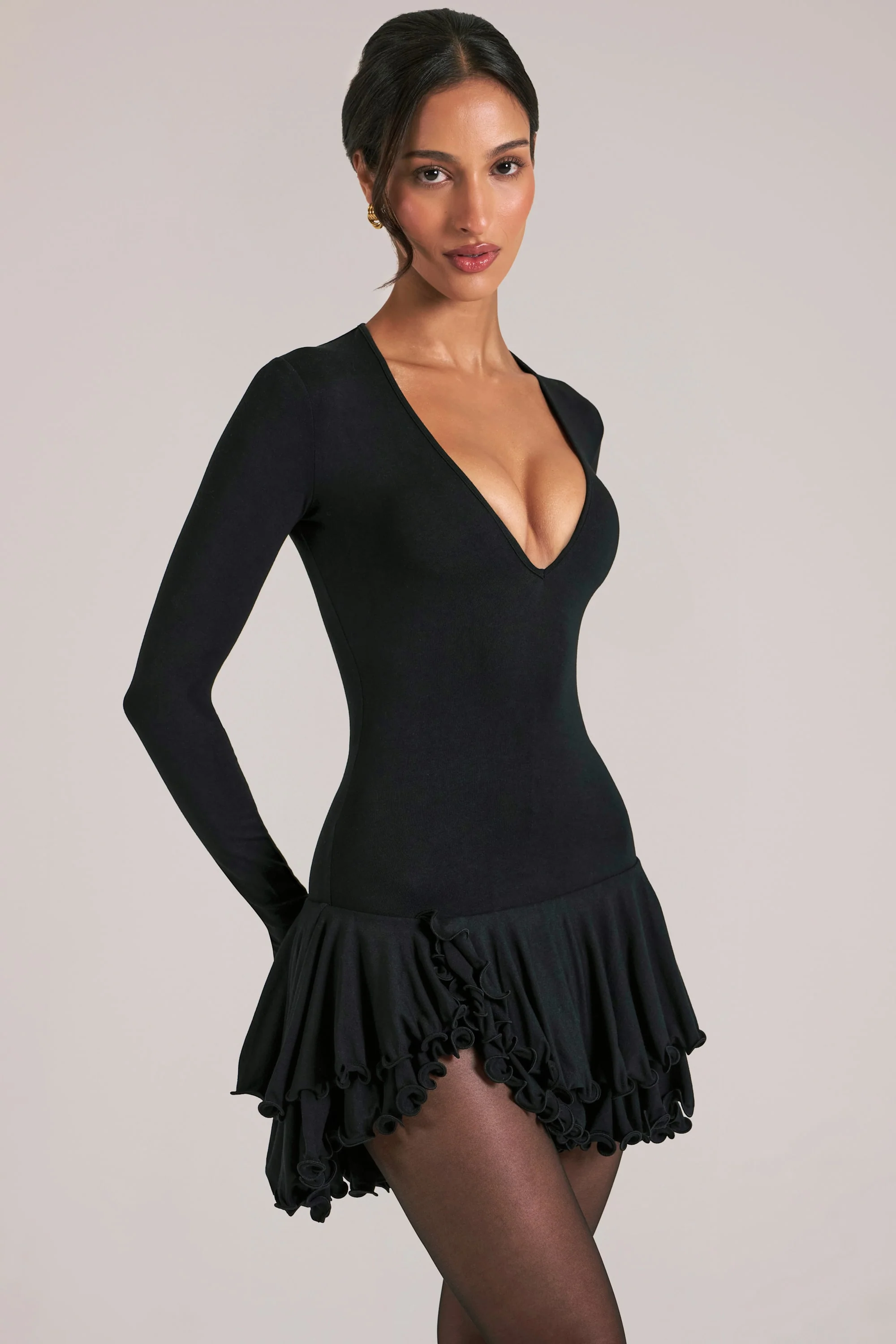 V-Neck Ruffle Skirt Mini Dress in Black - Image 10