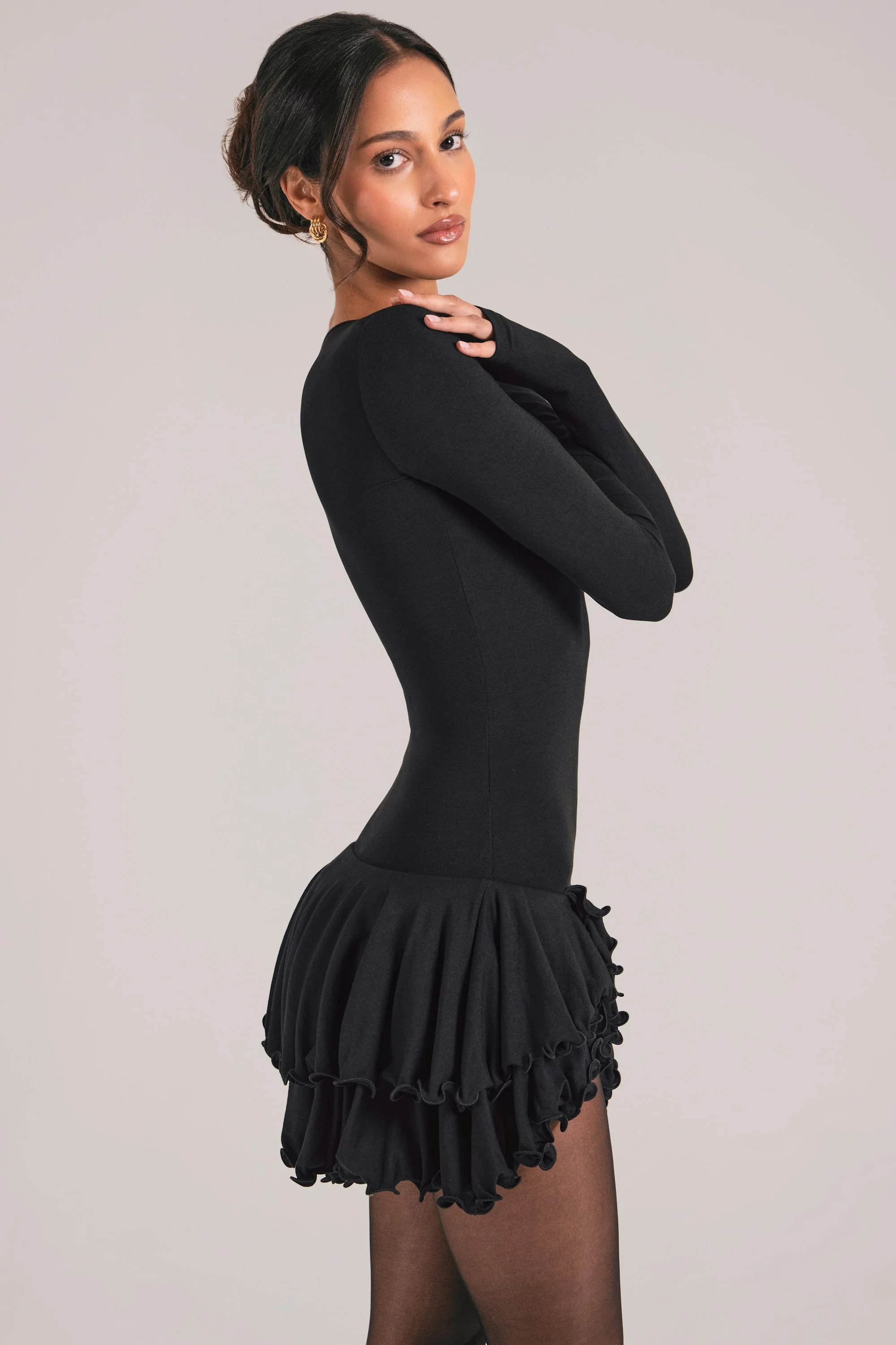 V-Neck Ruffle Skirt Mini Dress in Black - Image 3