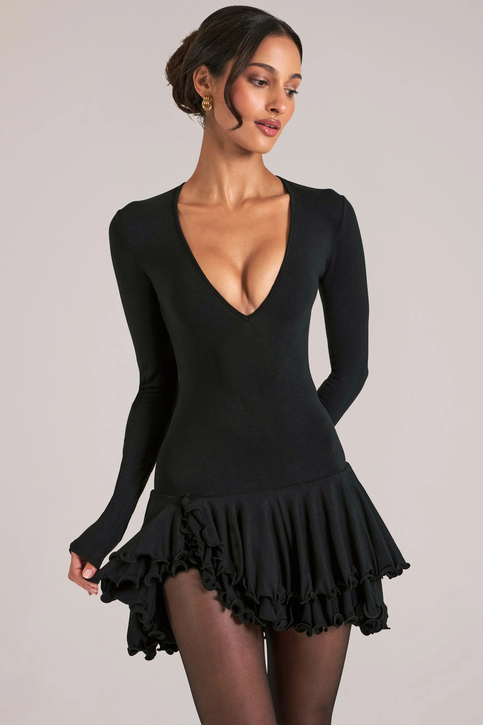V-Neck Ruffle Skirt Mini Dress in Black - Image 9