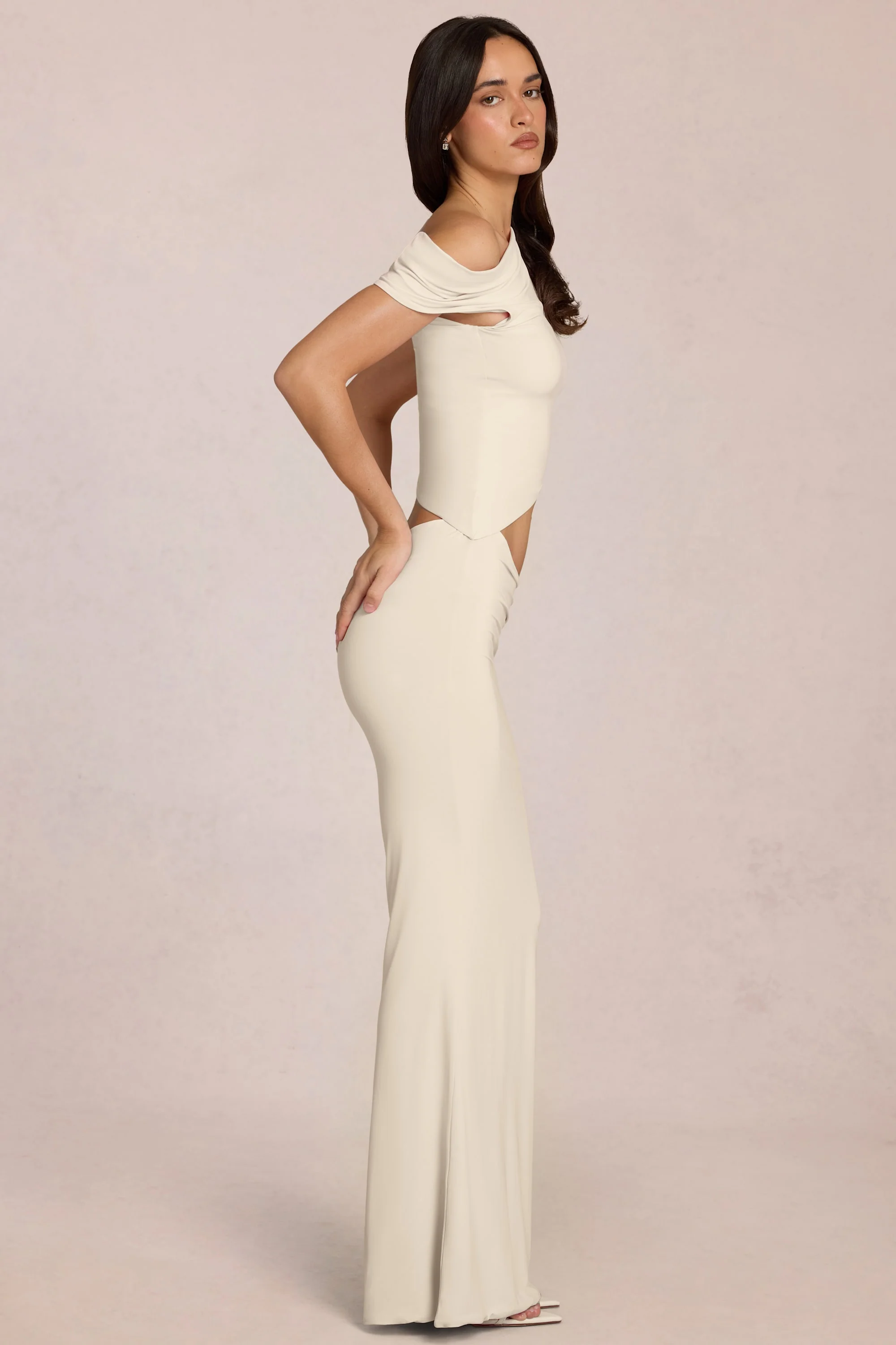 Asymmetric Drape Maxi Dress in Ivory - Image 3